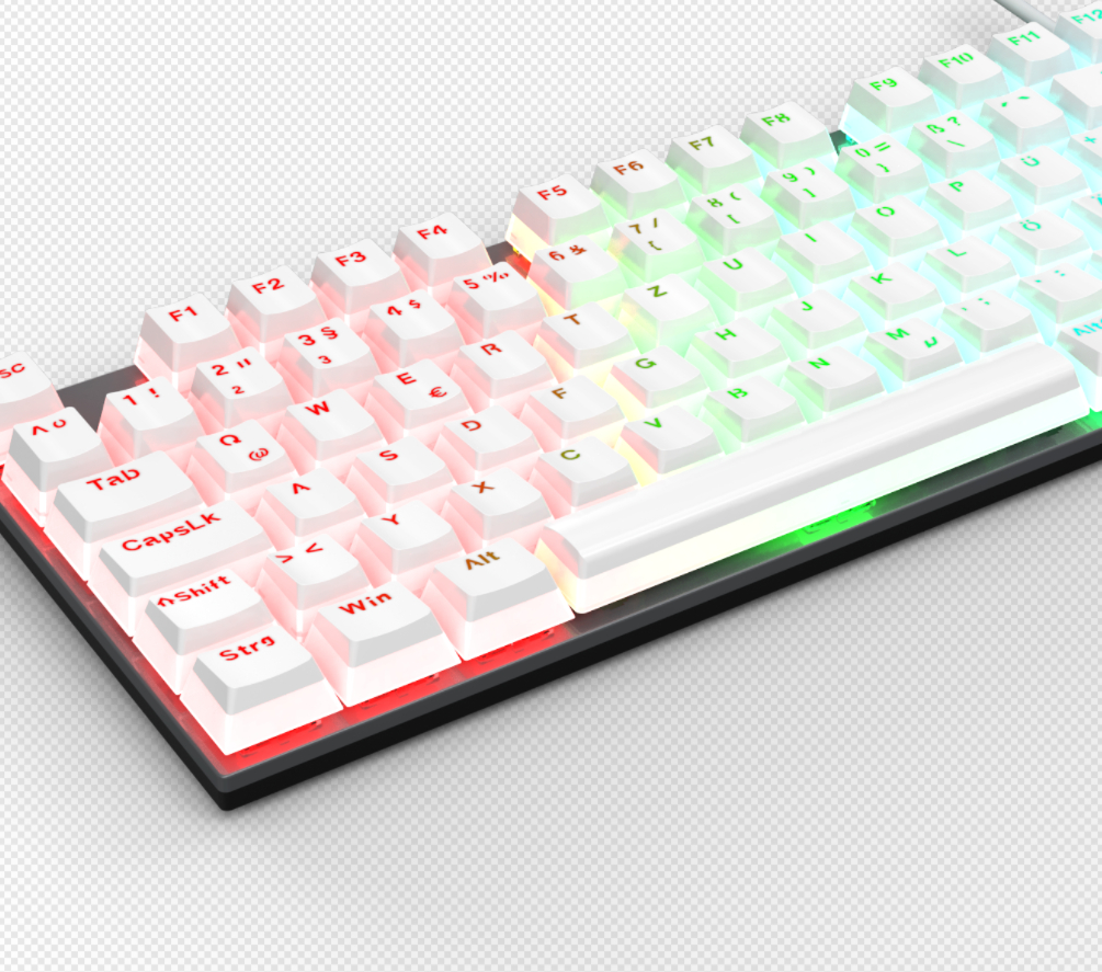 Eine weiße Tastatur mit bunten Lichtern. Die Tastenkappen sind weiß, und die Lichter sind grün und rot.