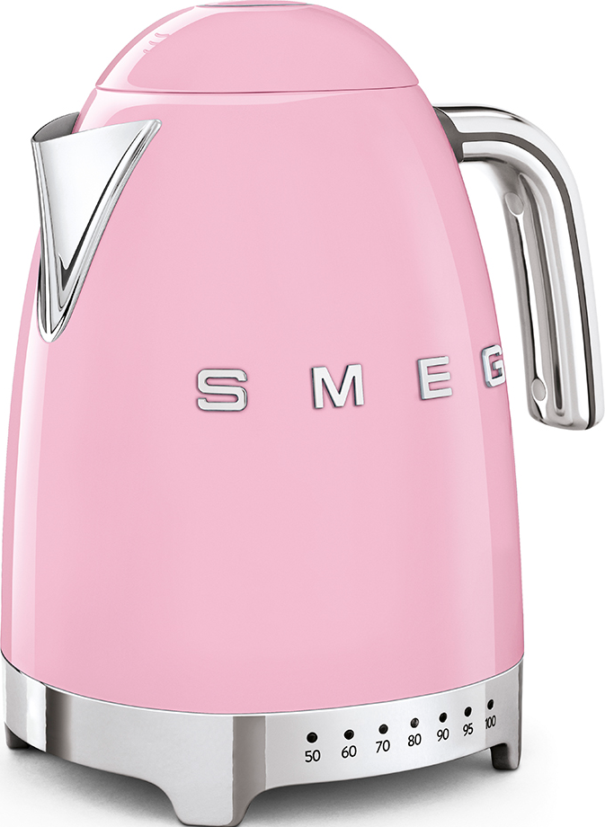 Ein rosa Smeg-Wasserkocher mit silbernen Akzenten, der Temperaturmarkierungen zeigt.