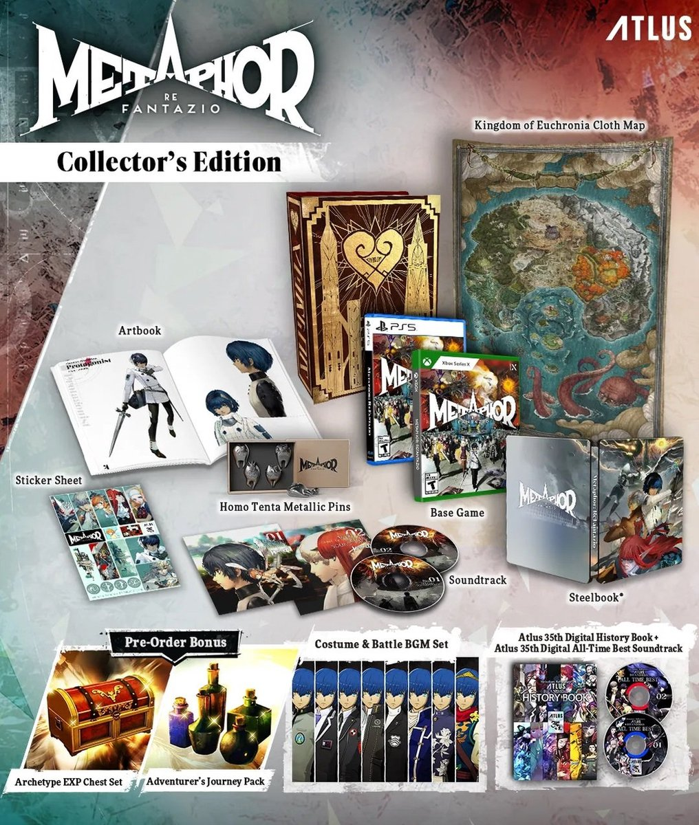 Metaphor Re Fantazio Collector's Edition, artbook, soundtrack, pins, kaart, steelbook en pre-order bonus.