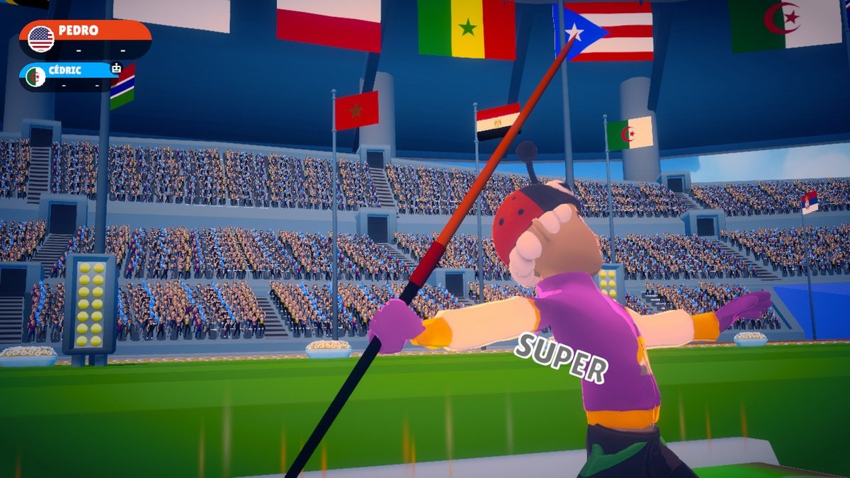 Een videogamepersonage met een speer staat in een stadion.