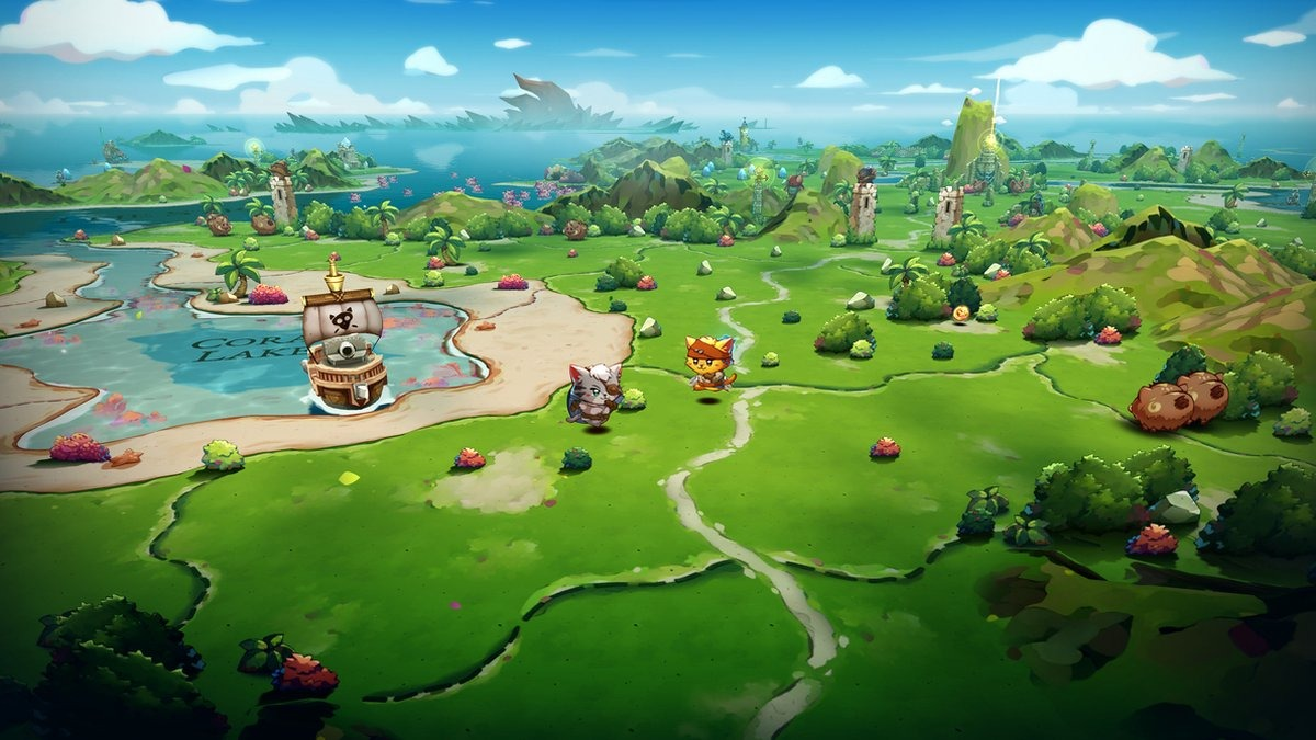 Een levendige cartoon game scene met karakters en een kaart.