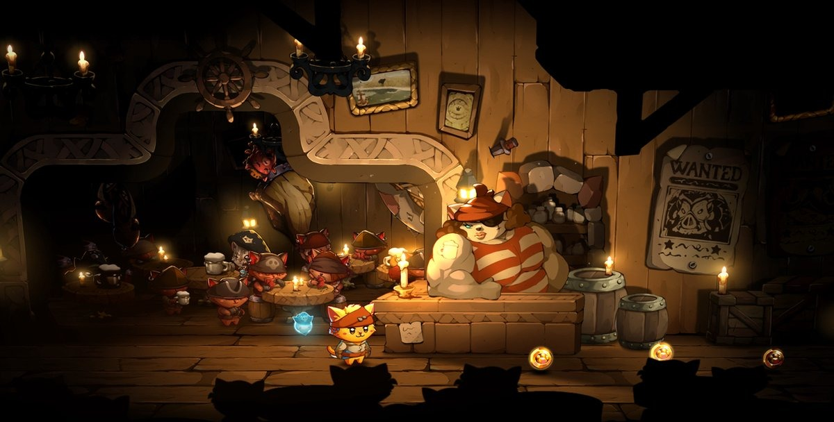 Binnen in een piratentaverne met veel kattenpiraten. Een grote kat zit achter de bar.