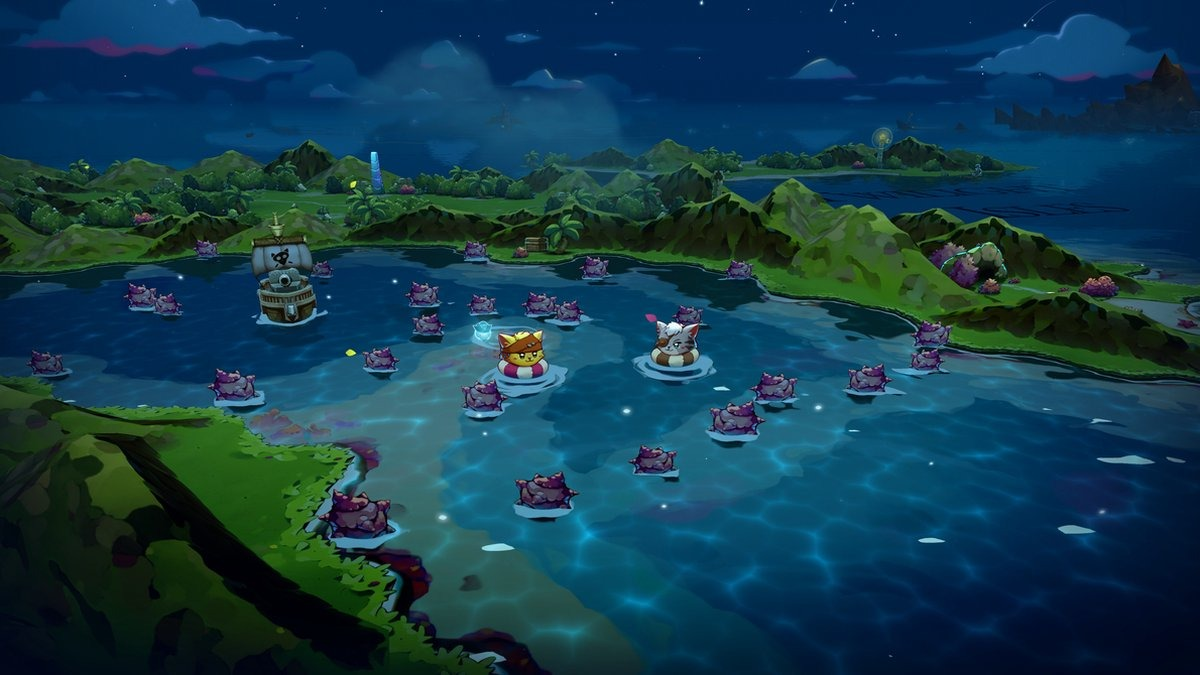 Een cartoon-achtige afbeelding van een eiland met boten en personages in het water, nachthemel.