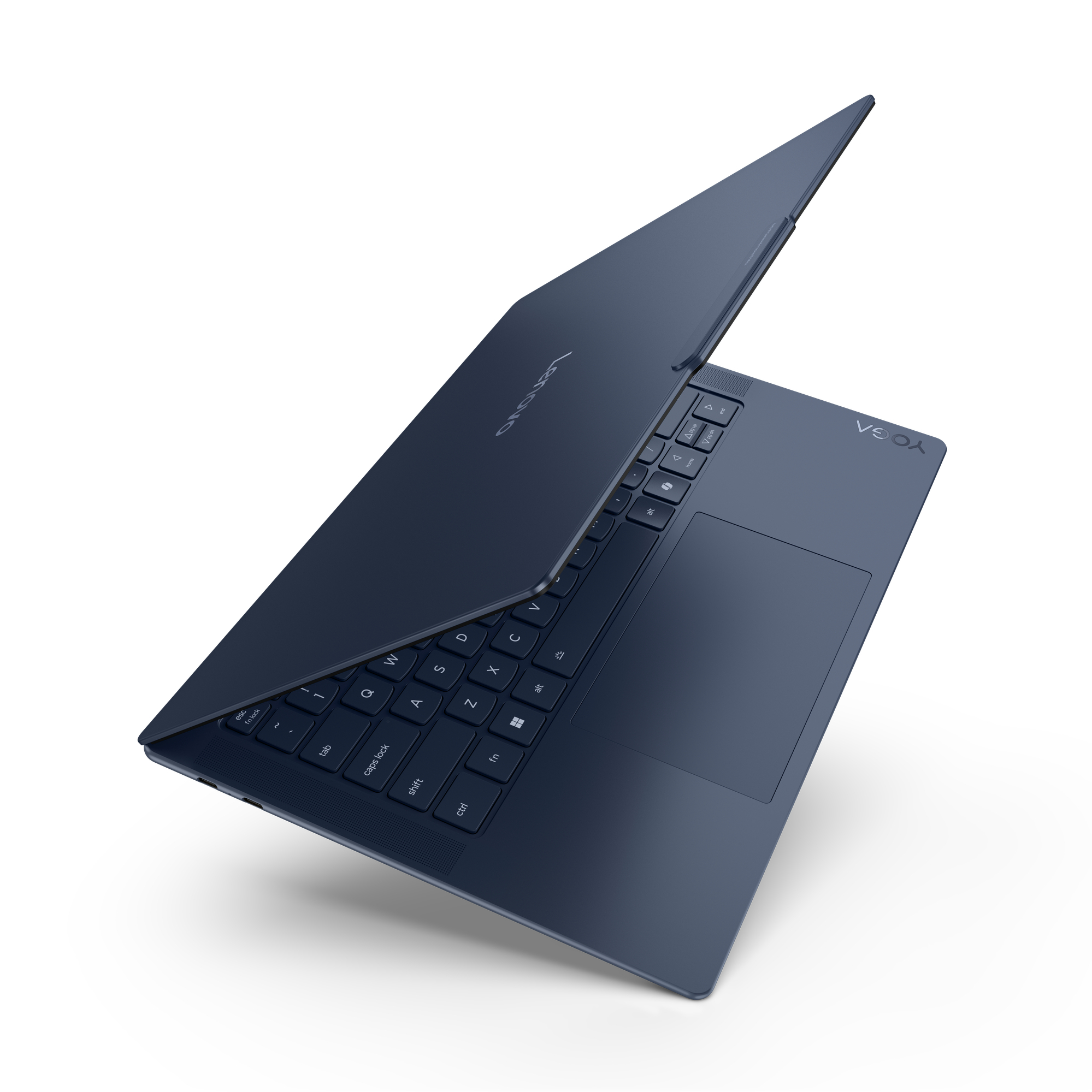 Ein dunkelblauer Laptop mit geöffnetem Bildschirm vor weißem Hintergrund. Tastatur und Touchpad sind sichtbar.