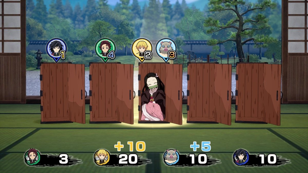 Video game with characters and doors. One character is in a room.