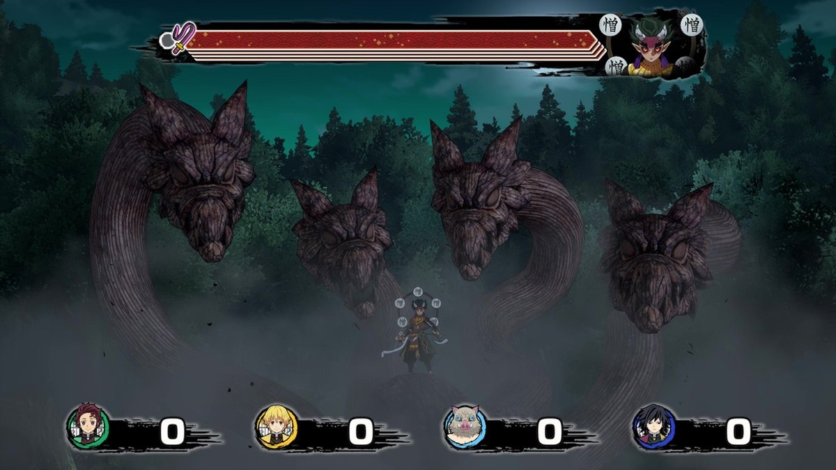 A video game scene features a character facing four large monster heads in a forest.