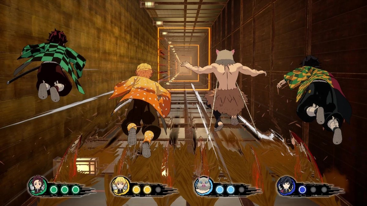 Four anime characters run in a corridor, with swords and fighting stances.