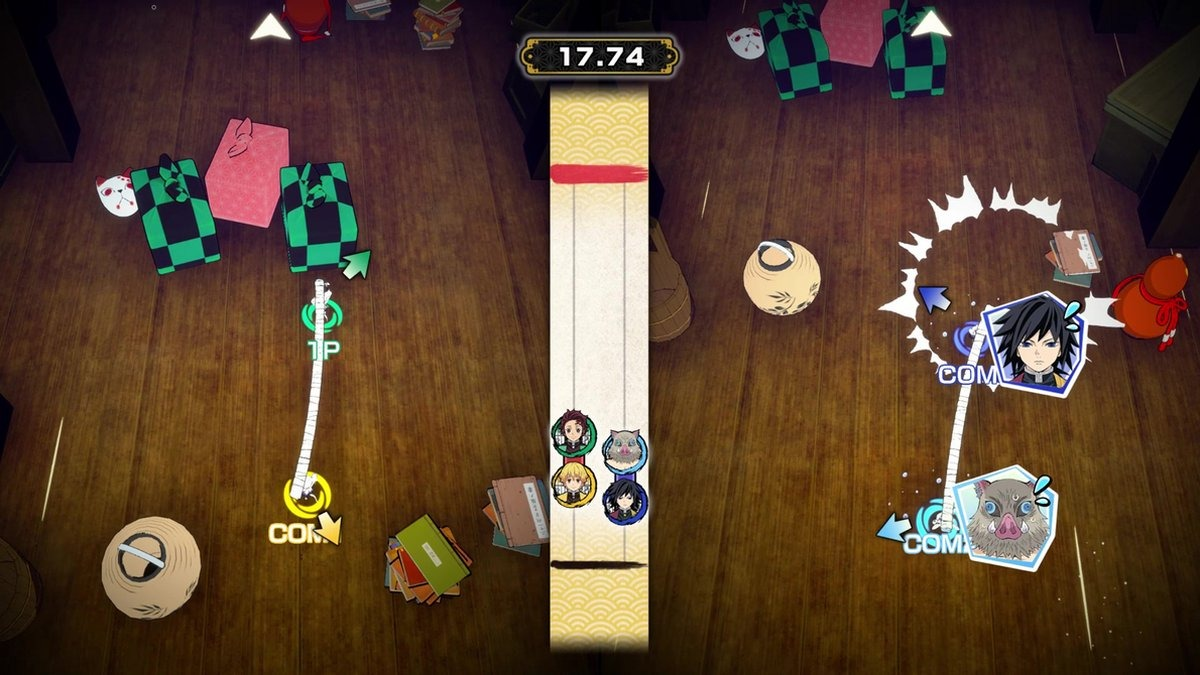 A game screen with characters. The game has musical notes and characters on the screen.