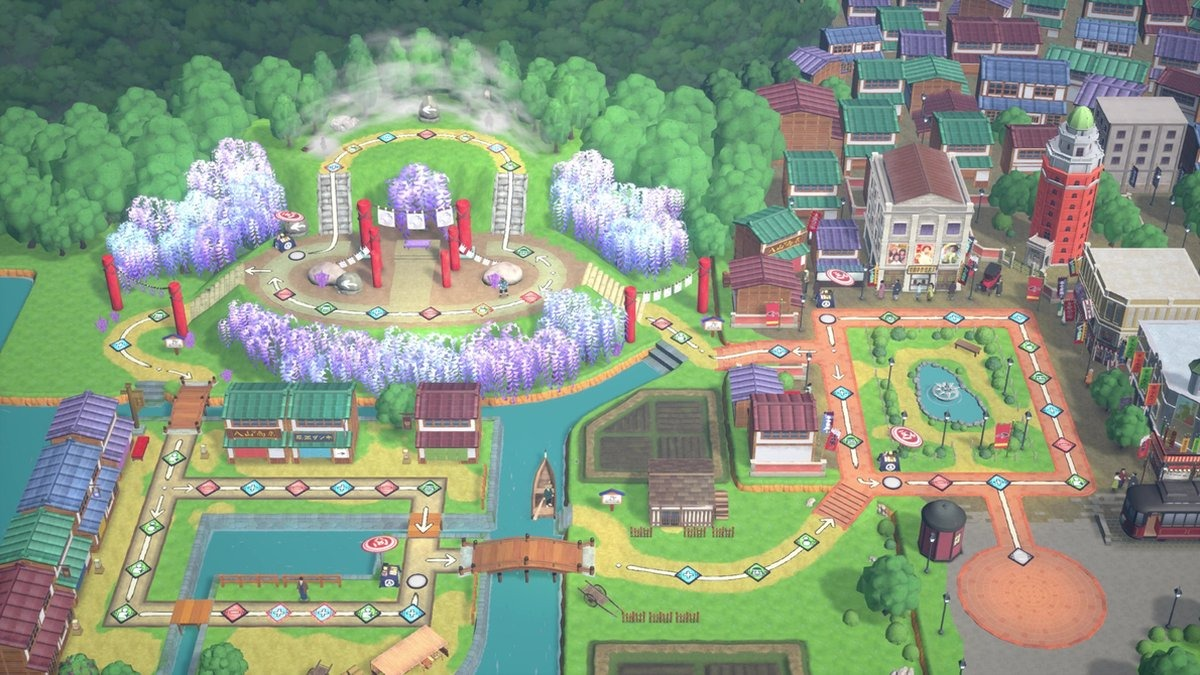 Bird's-eye view of a colorful board game map with buildings, paths, and decorations.