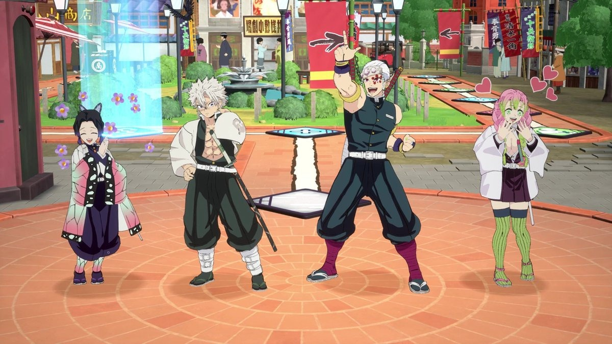 Four anime characters posing on a stage in a city setting. The characters are from the anime series.