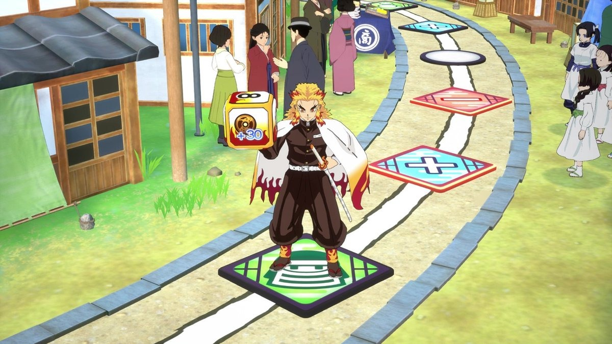 Anime character holding a dice on a path, other characters in background, Japanese style buildings.