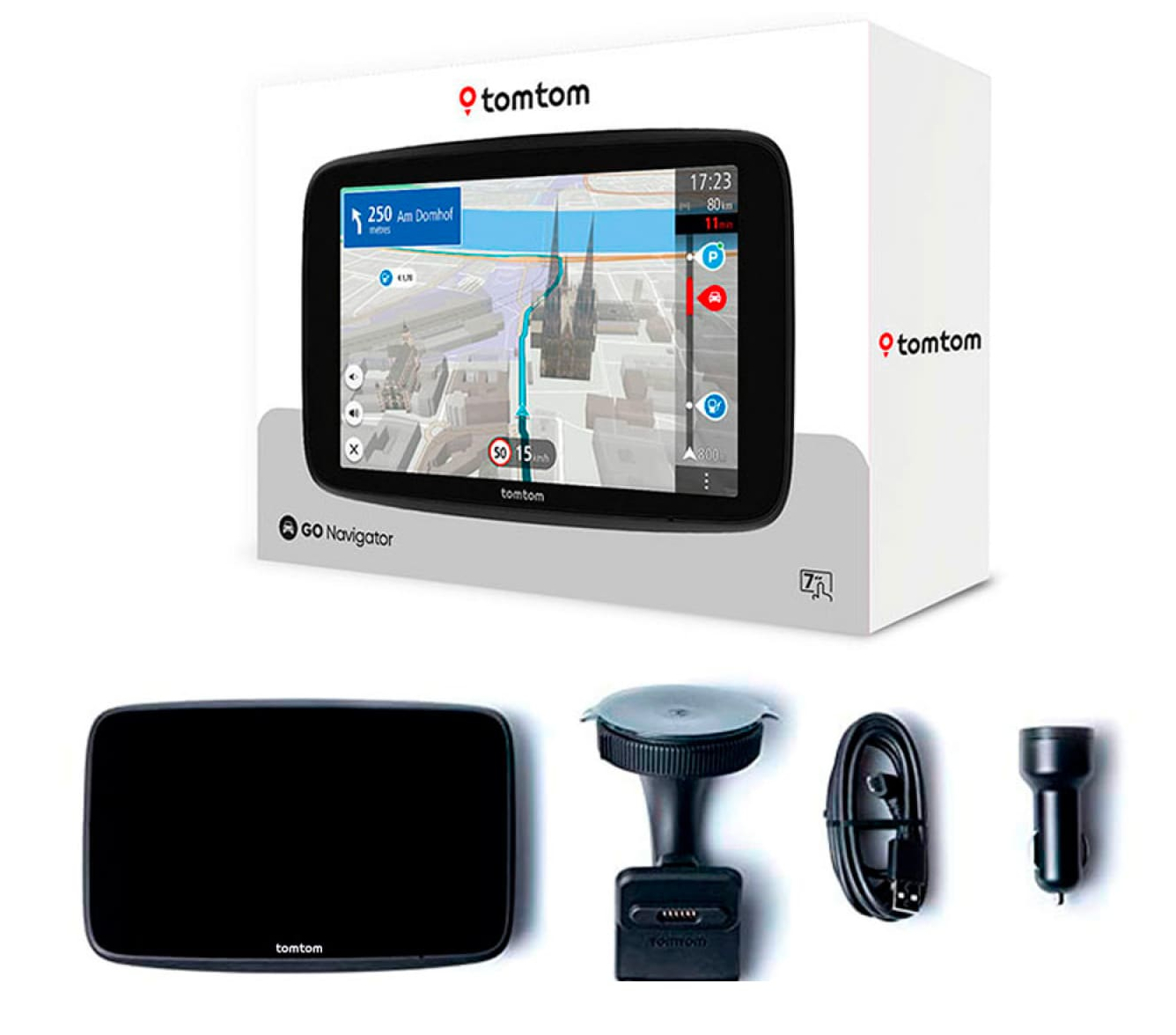 TomTom Go Navigator w pudełku i akcesoria: uchwyt, ładowarka i zasilacz.