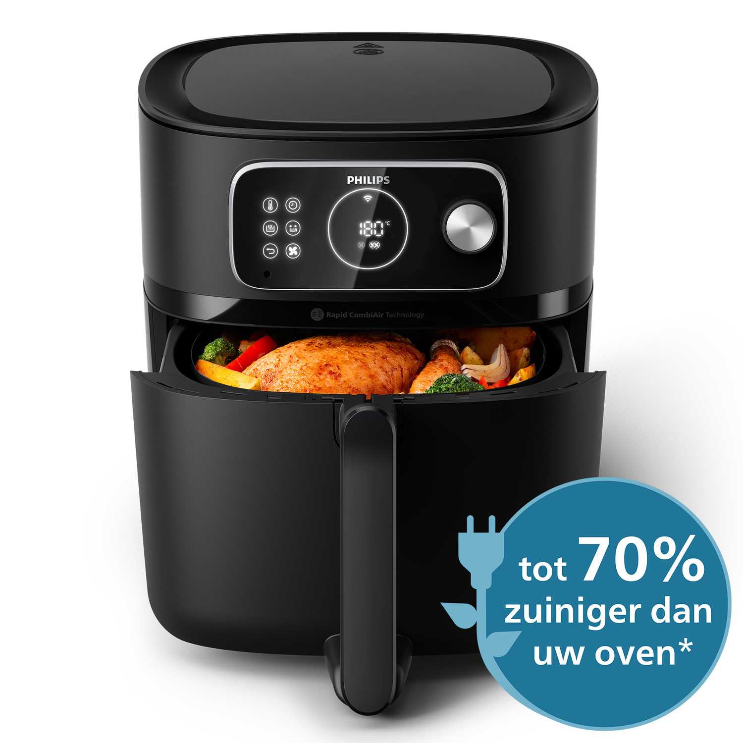 A black Philips air fryer with a display showing 180 degrees, and food inside the open basket.