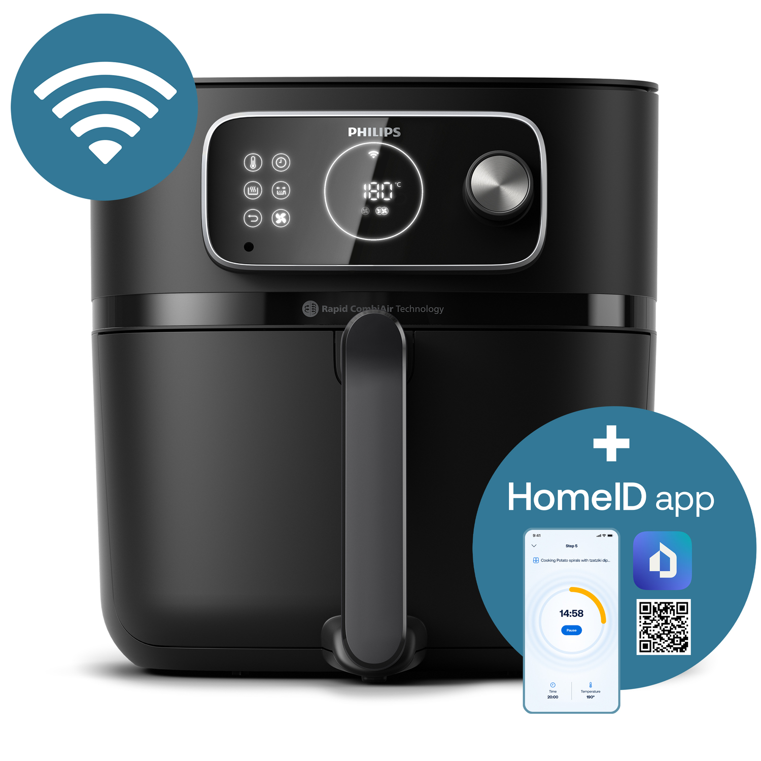 Black air fryer with digital display and a mobile app on a phone.