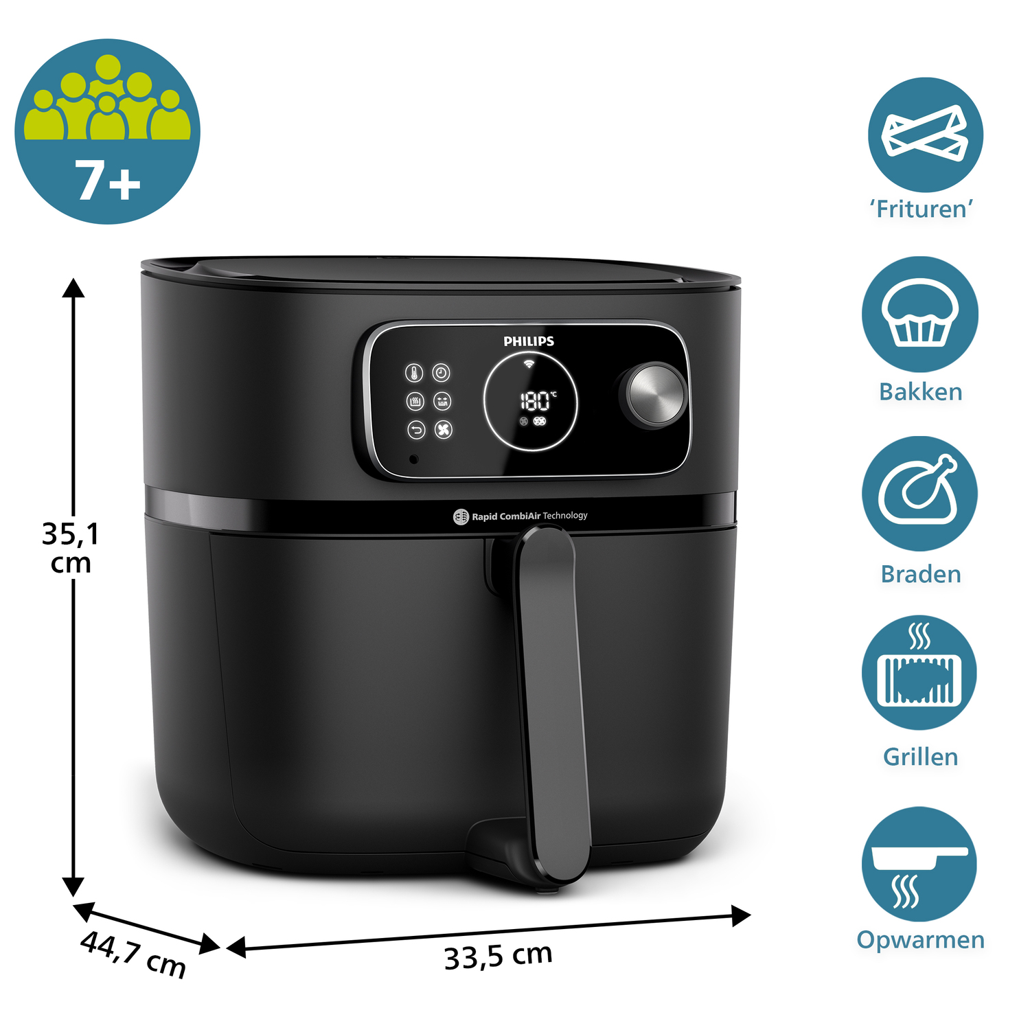 Black Philips air fryer with dimensions and cooking icons, isolated.