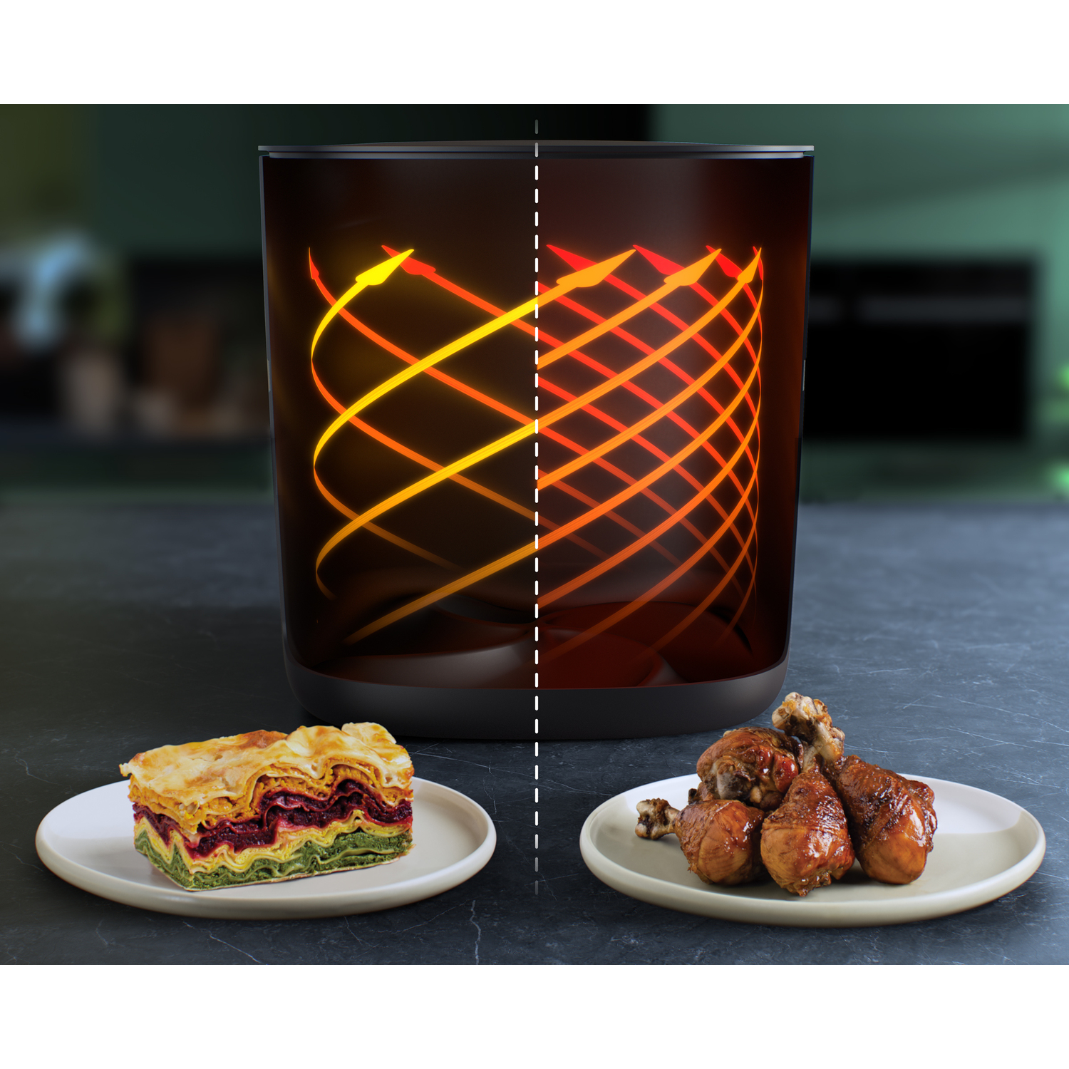 Air fryer showing food on plates. Lasagna on the left, chicken on the right.