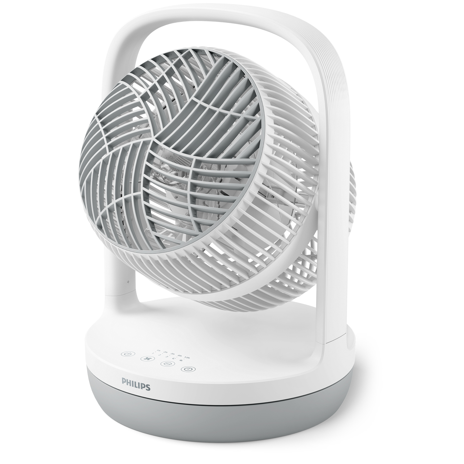 A white and grey globe-shaped fan on a white base, with controls and a handle.
