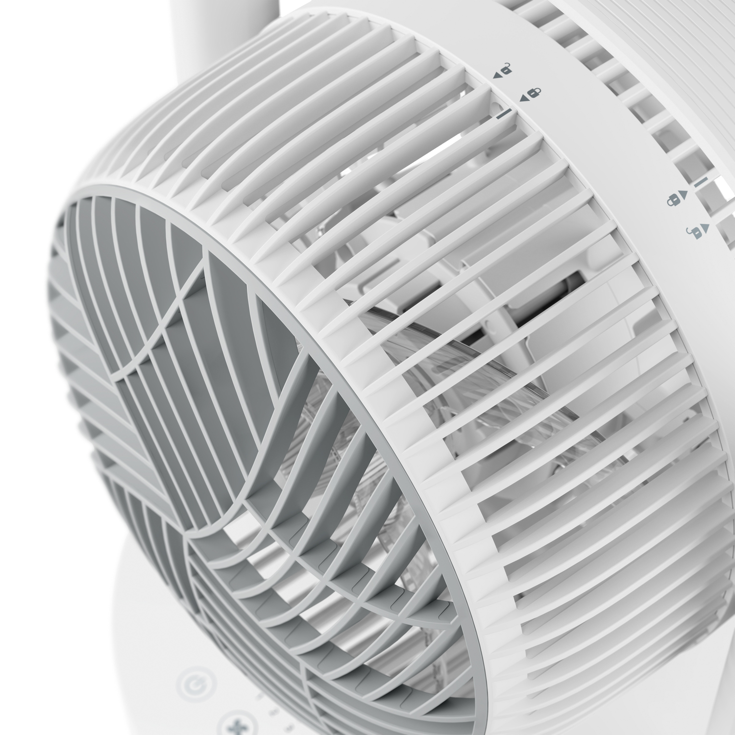 White fan with a curved design and visible blades, close up shot.