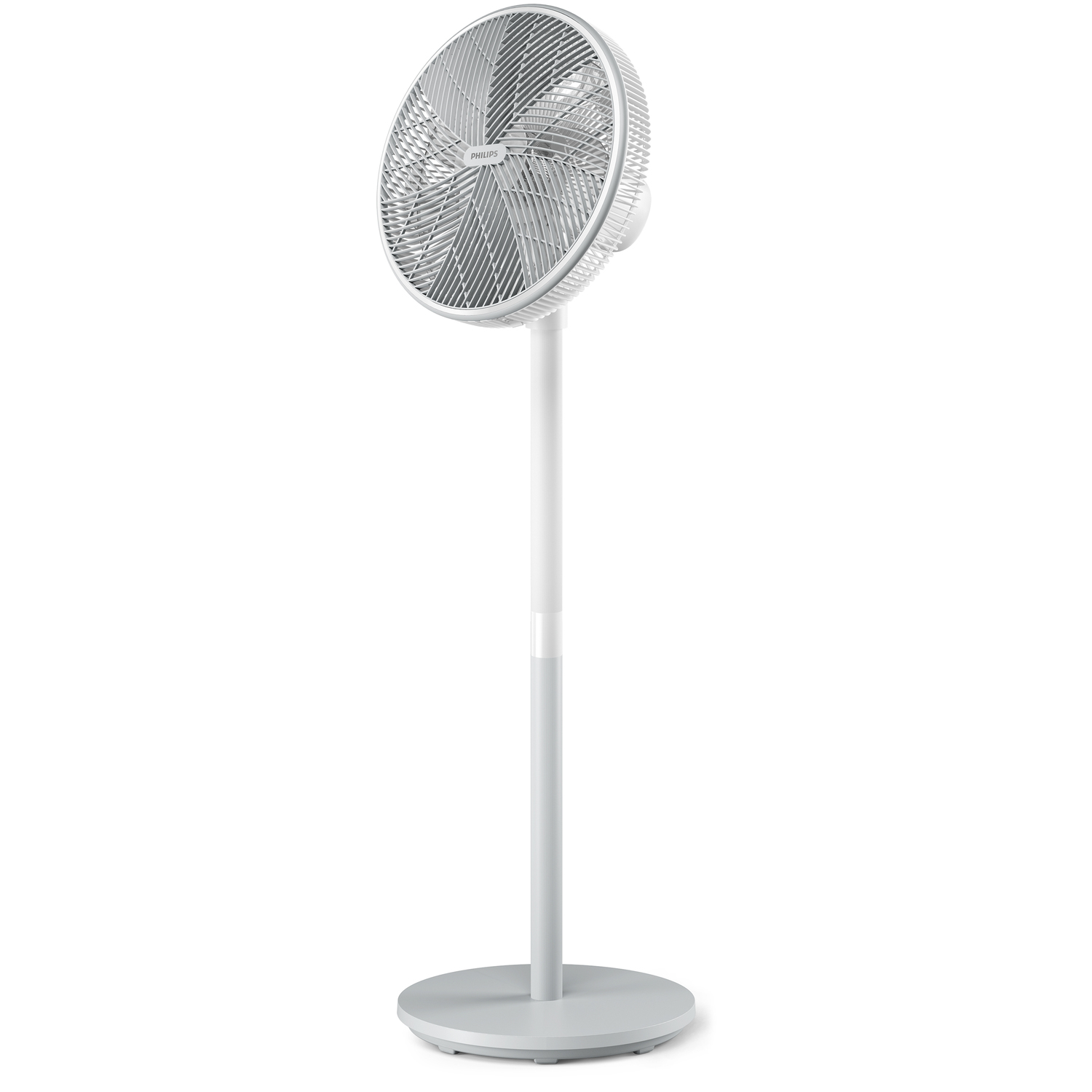 Ventilateur sur pied blanc avec une base ronde et une tête rotative.
