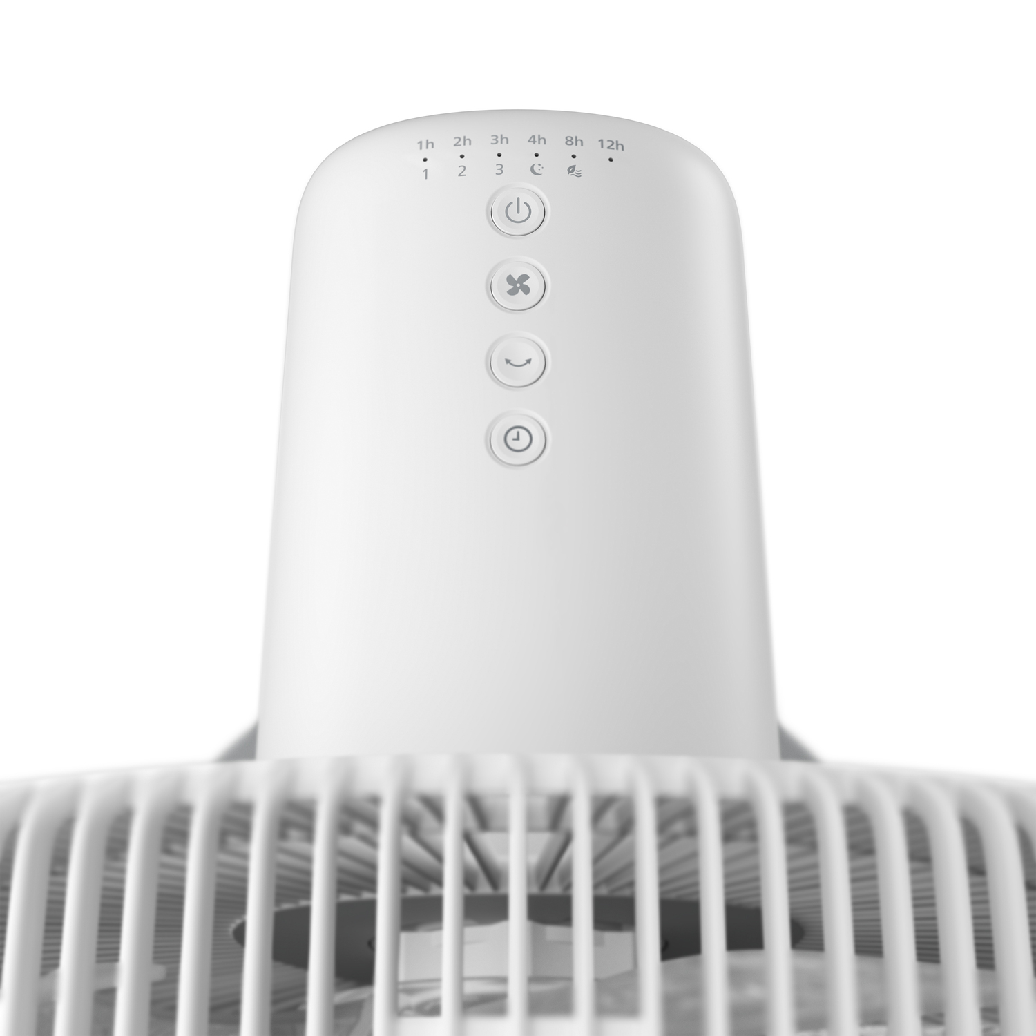 Commandes de ventilateur blanches avec boutons et grille. Vue de dessus.