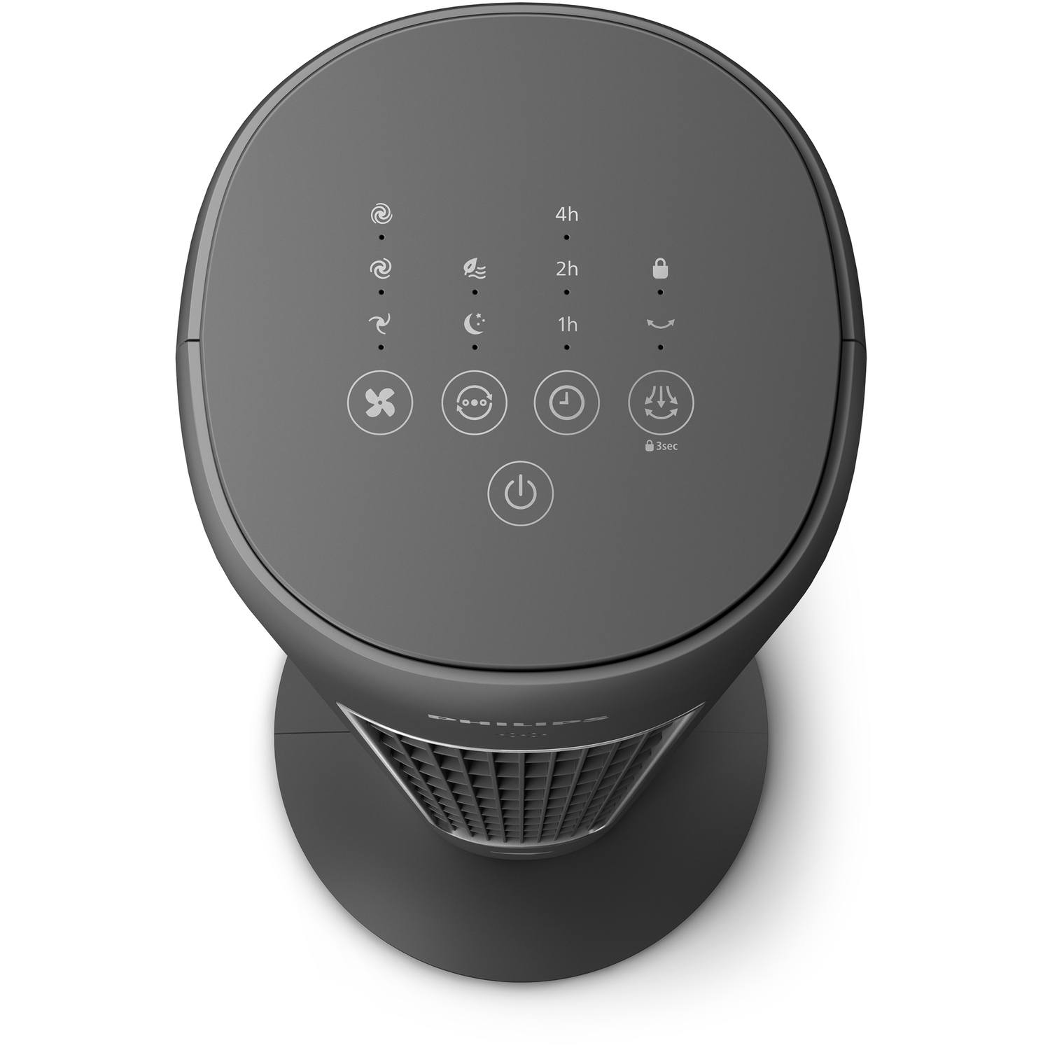 Bovenaanzicht van een grijze ventilator met bedieningsknoppen.