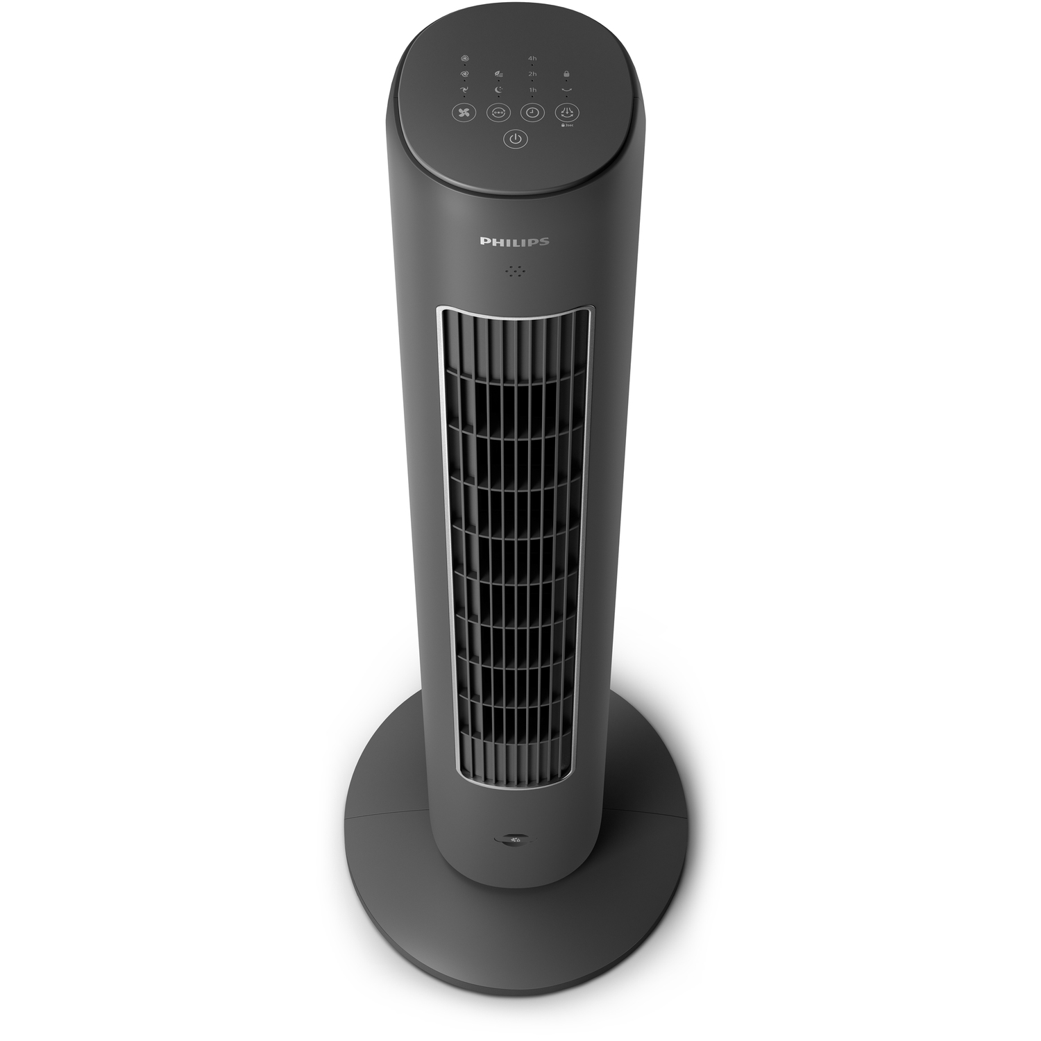 Hoge grijze Philips torenventilator. Het heeft een ronde voet en een bedieningspaneel bovenop.