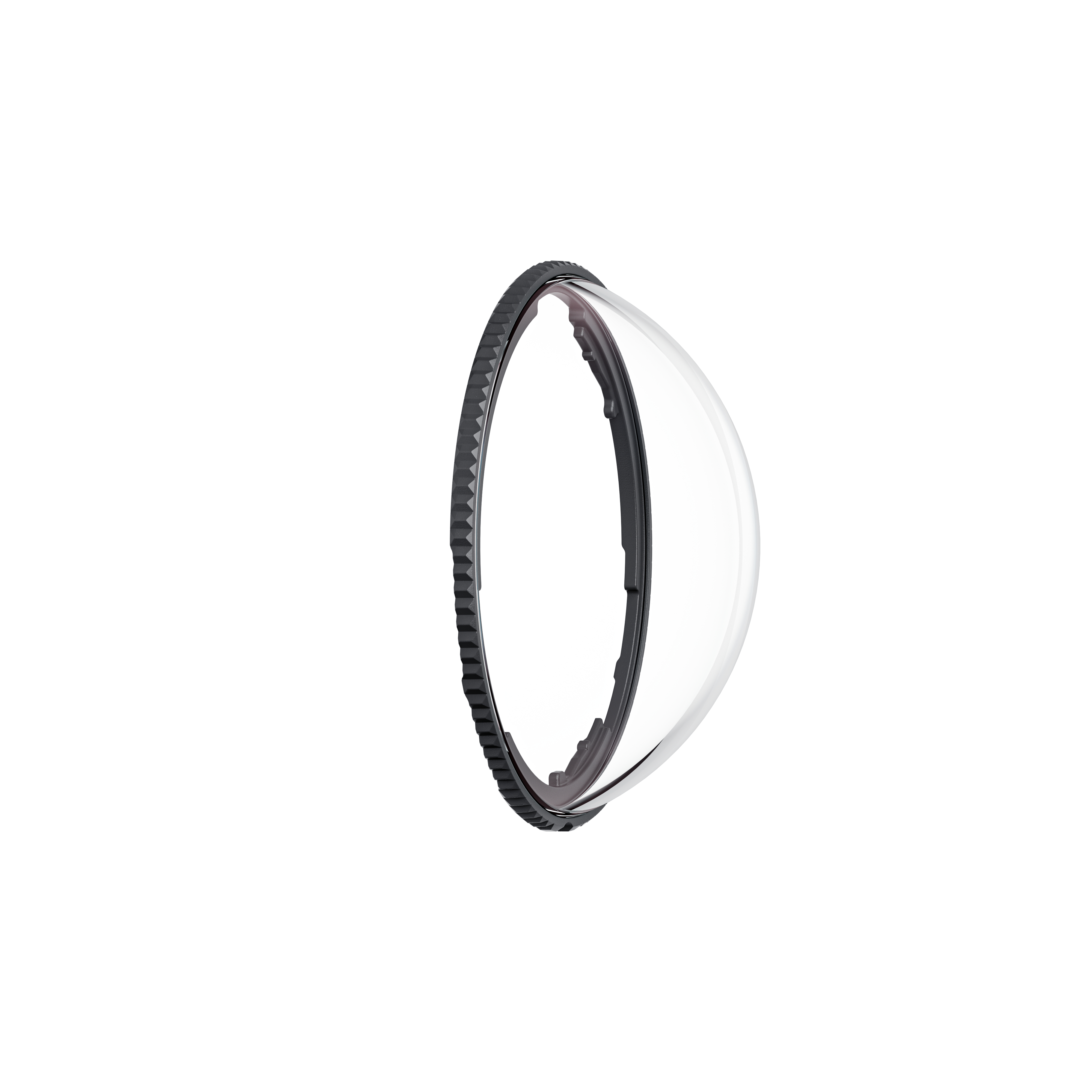 Klare, abgerundete Linse mit schwarzem Ring auf weißem Hintergrund. Die Linse ist ein Kreis.