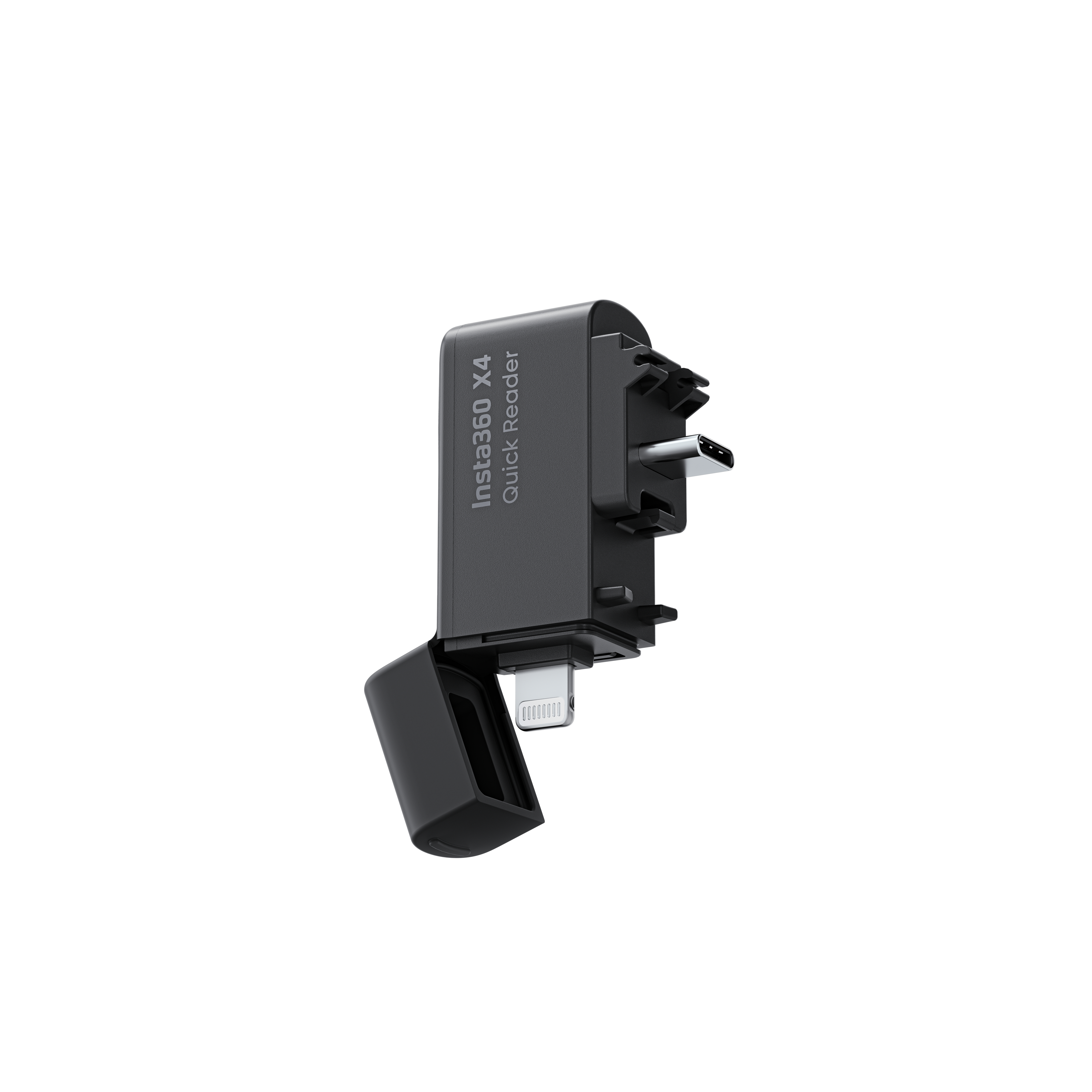 Schwarzer Insta360 Quick Reader. Er hat einen Lightning-Anschluss und einen USB-C-Anschluss.