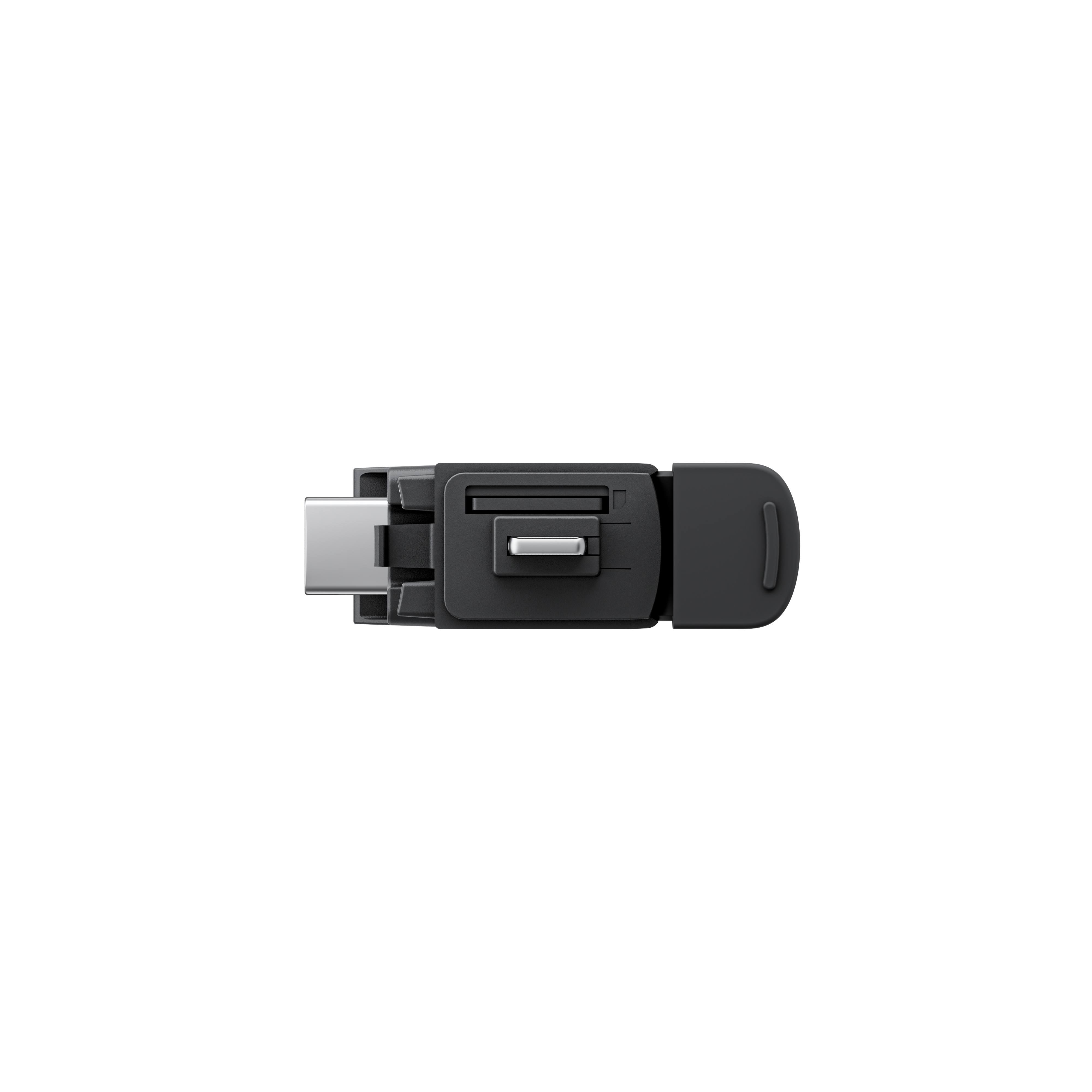 Schwarzer USB-C-Adapter. USB-C-Anschluss links, Schlitz in der Mitte.