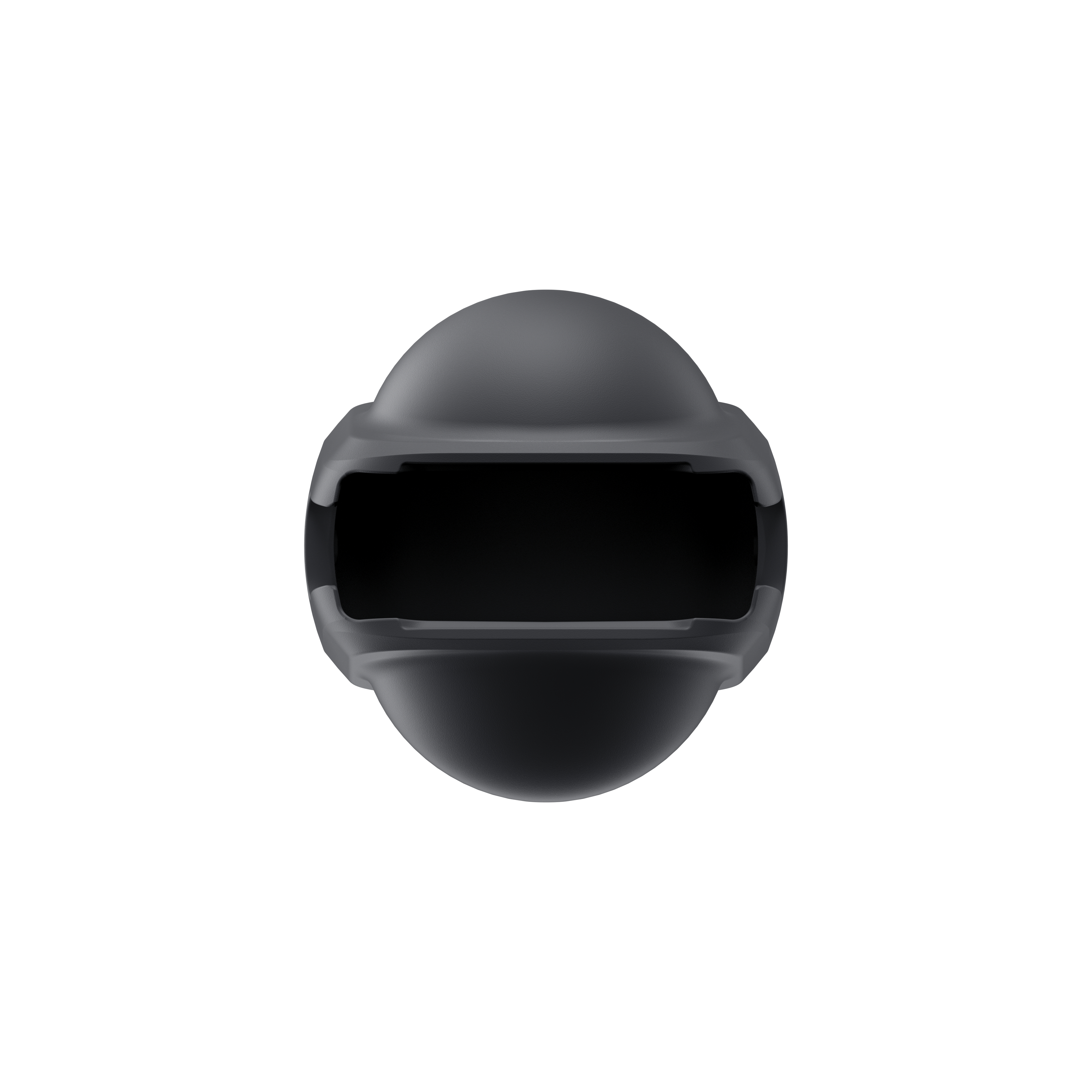 Ein schwarzes, oval geformtes Gerät mit dunkler Öffnung, Draufsicht.