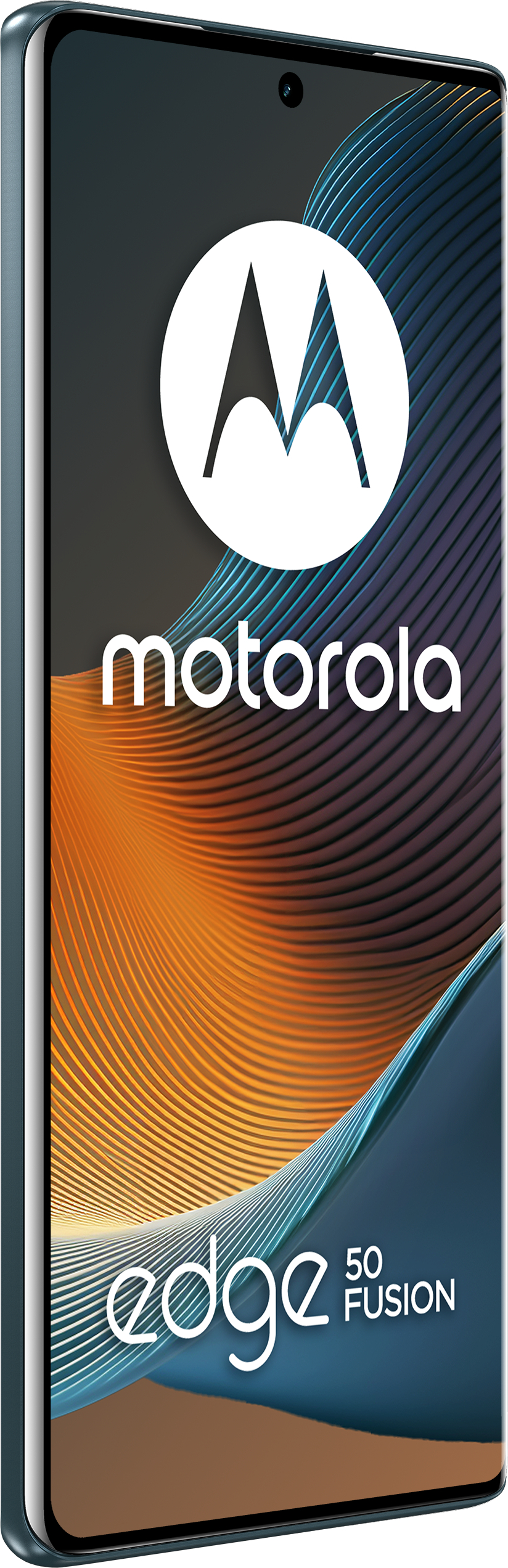 Un téléphone Motorola Edge 50 Fusion bleu-vert avec le logo sur un fond coloré.
