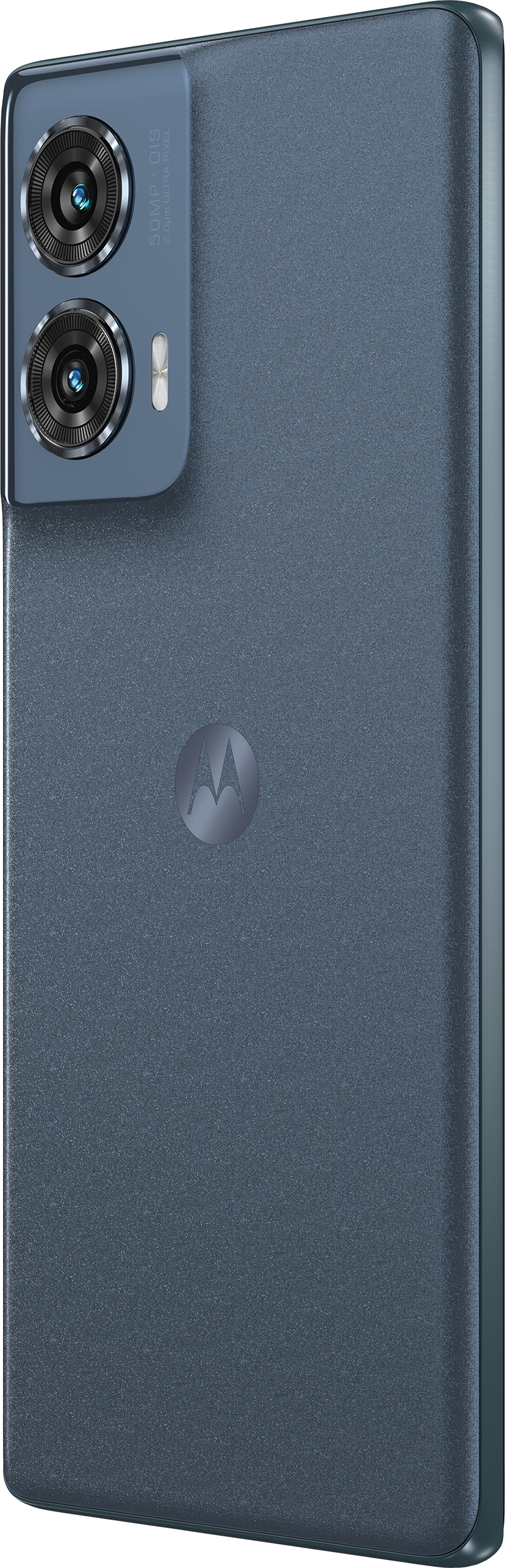 Un téléphone bleu avec deux caméras et le logo Motorola, vu de dos.