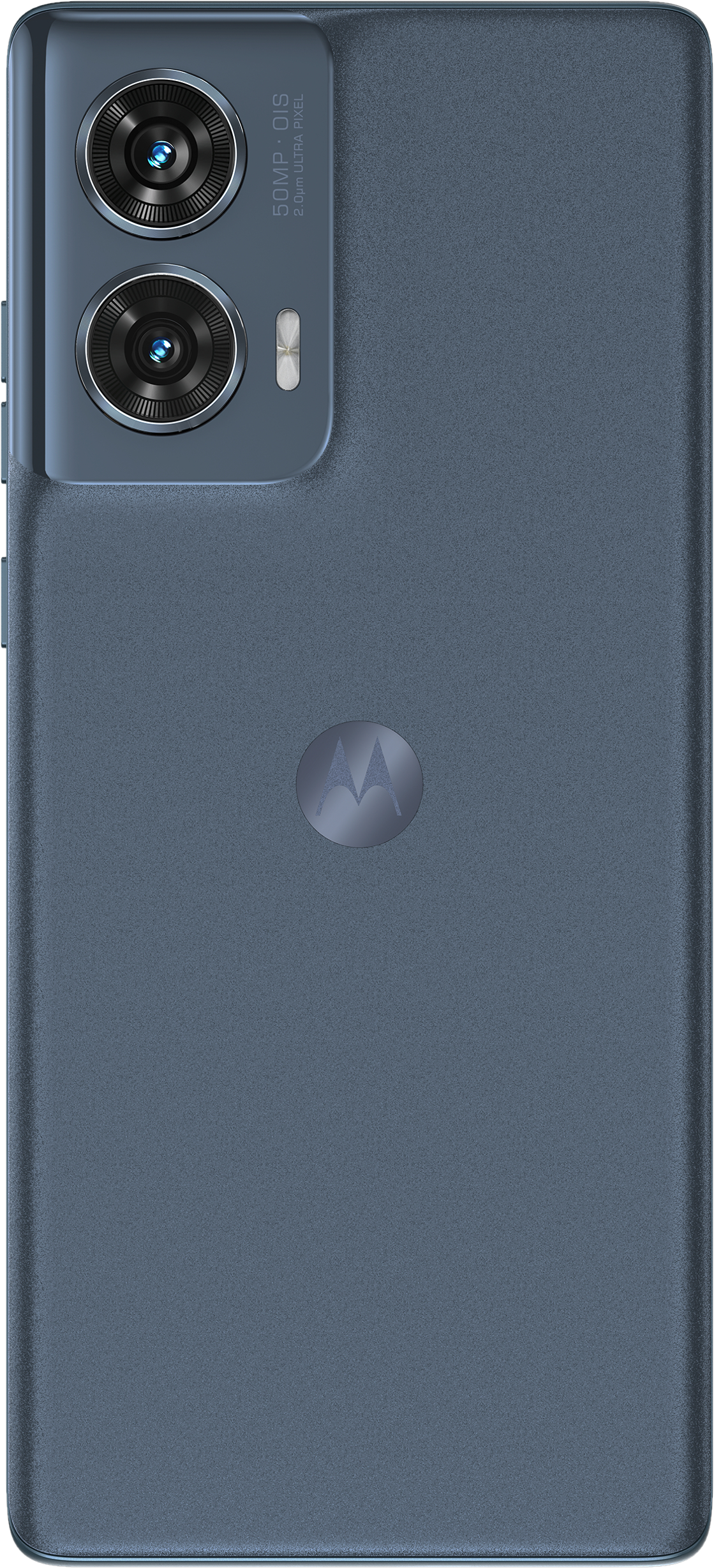 Dos de smartphone bleu-gris avec double caméra et logo Motorola.