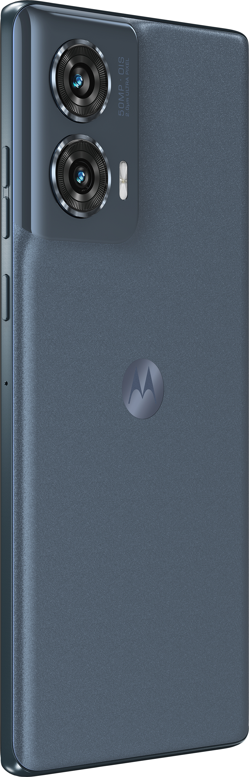 Un smartphone Motorola bleu-gris avec deux caméras et un logo au dos.