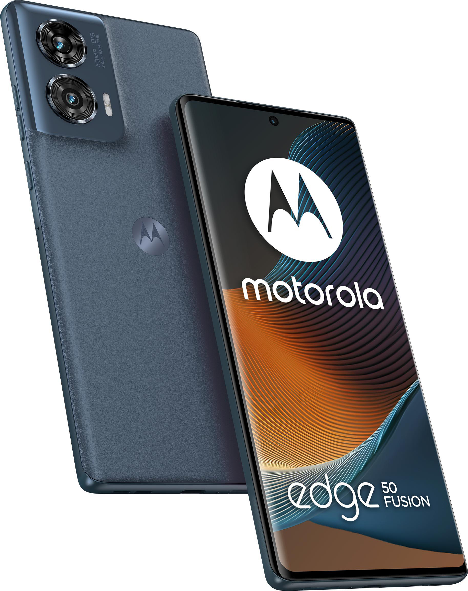 Téléphone bleu Motorola Edge 50 Fusion, montrant l'arrière avec des caméras et l'avant avec le logo.
