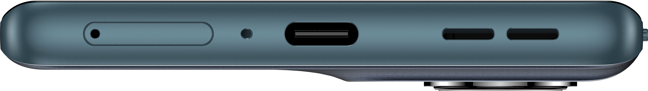 Vue rapprochée du bord inférieur d'un téléphone. Il y a des ports pour SIM, USB-C et un haut-parleur.