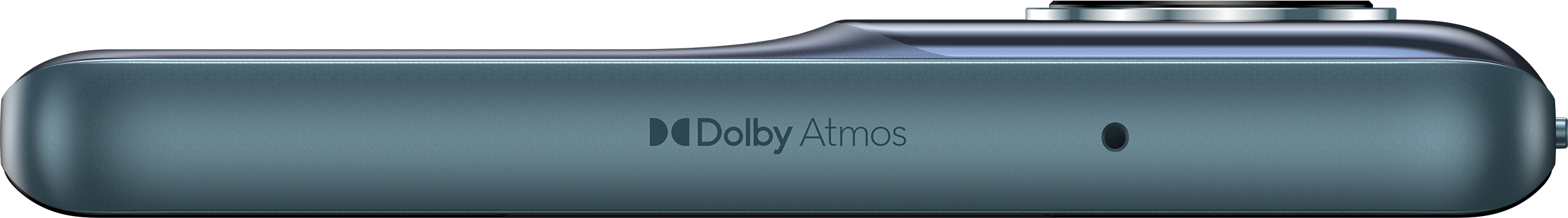 Gros plan d'un téléphone bleu, montrant le logo Dolby Atmos sur le côté.