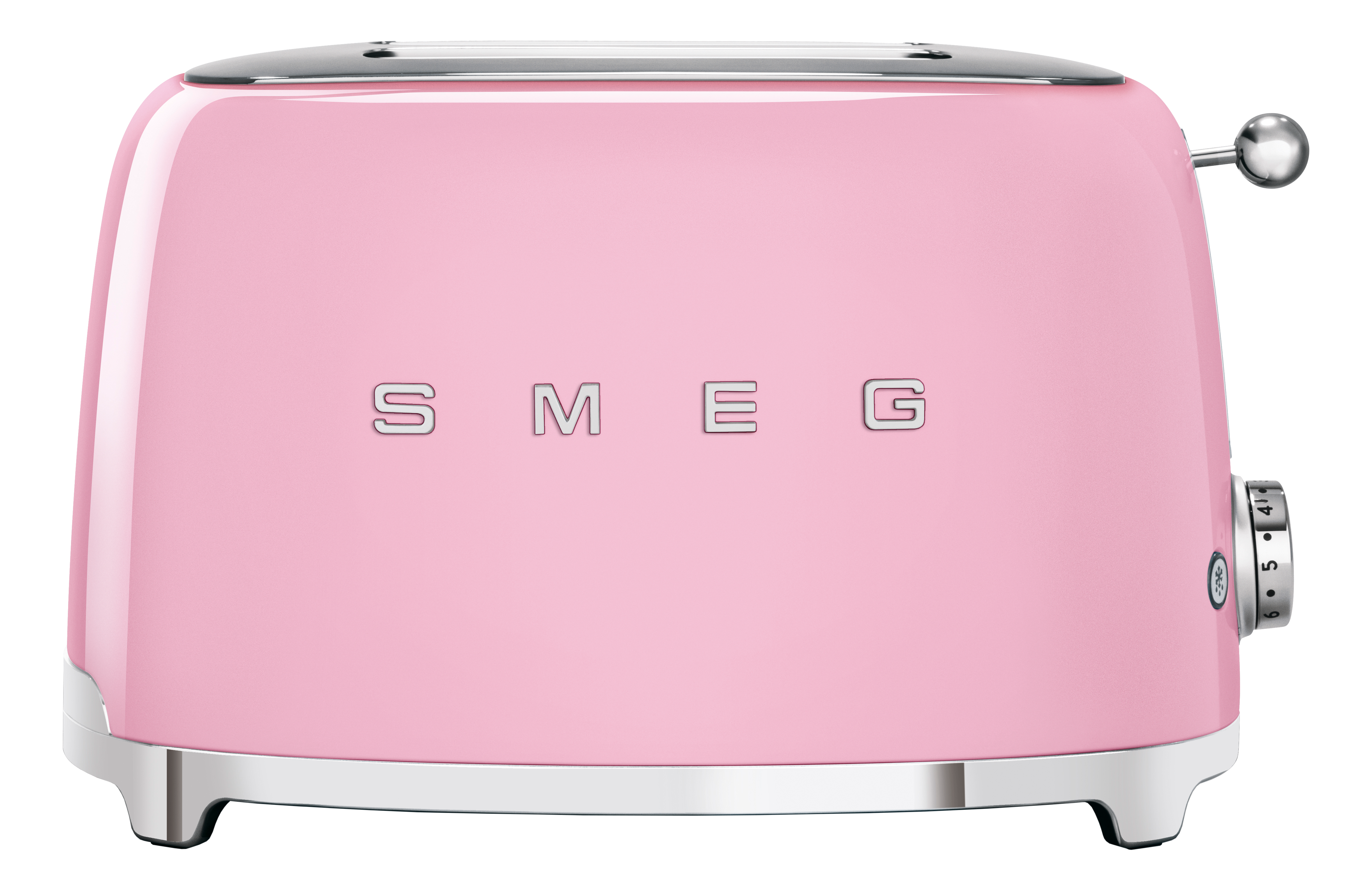 Grille-pain Smeg rose avec des accents chromés, isolé sur fond blanc.
