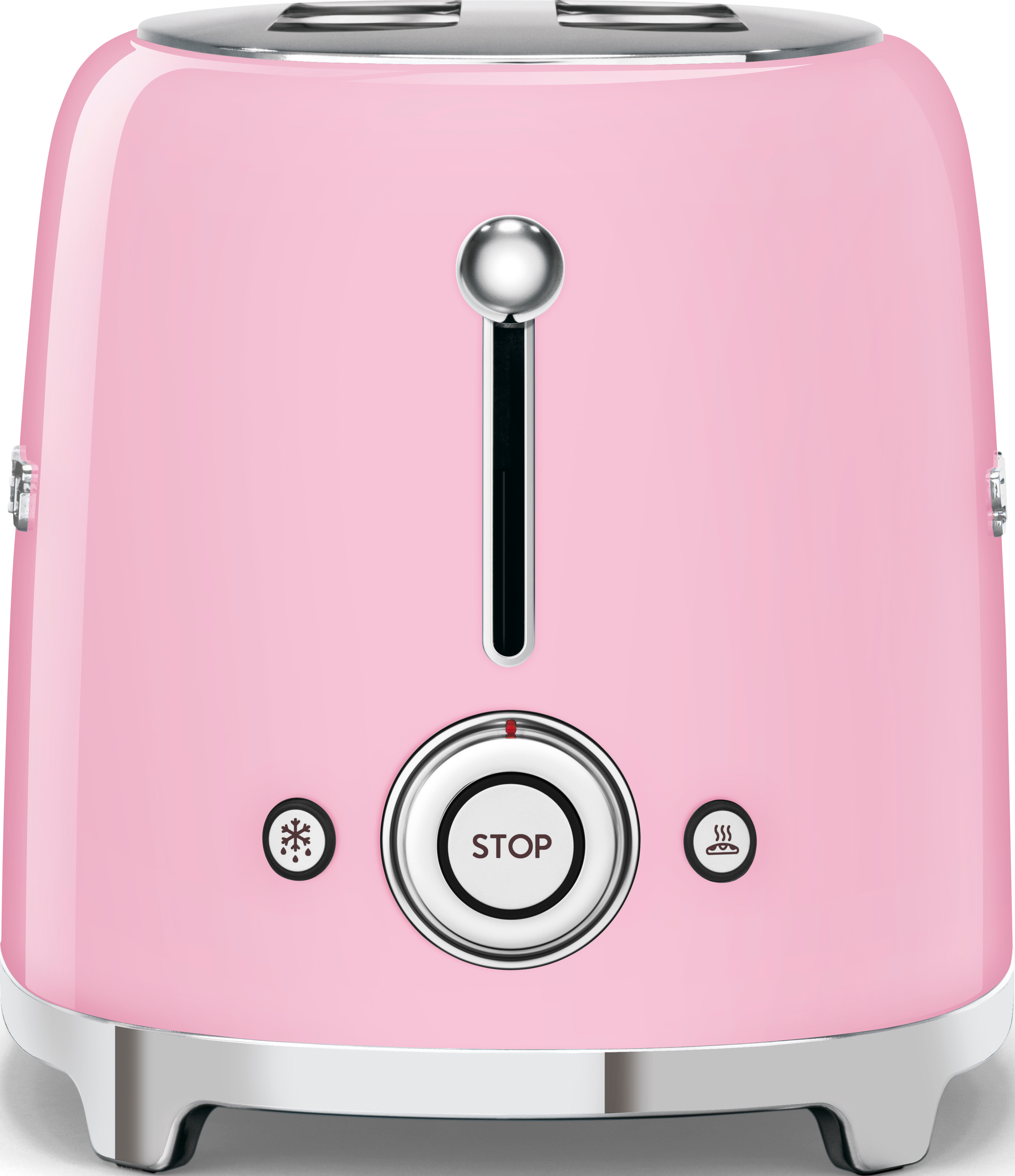 Grille-pain rose de style rétro avec des accents chromés. Il a un bouton d'arrêt et des réglages de décongélation.