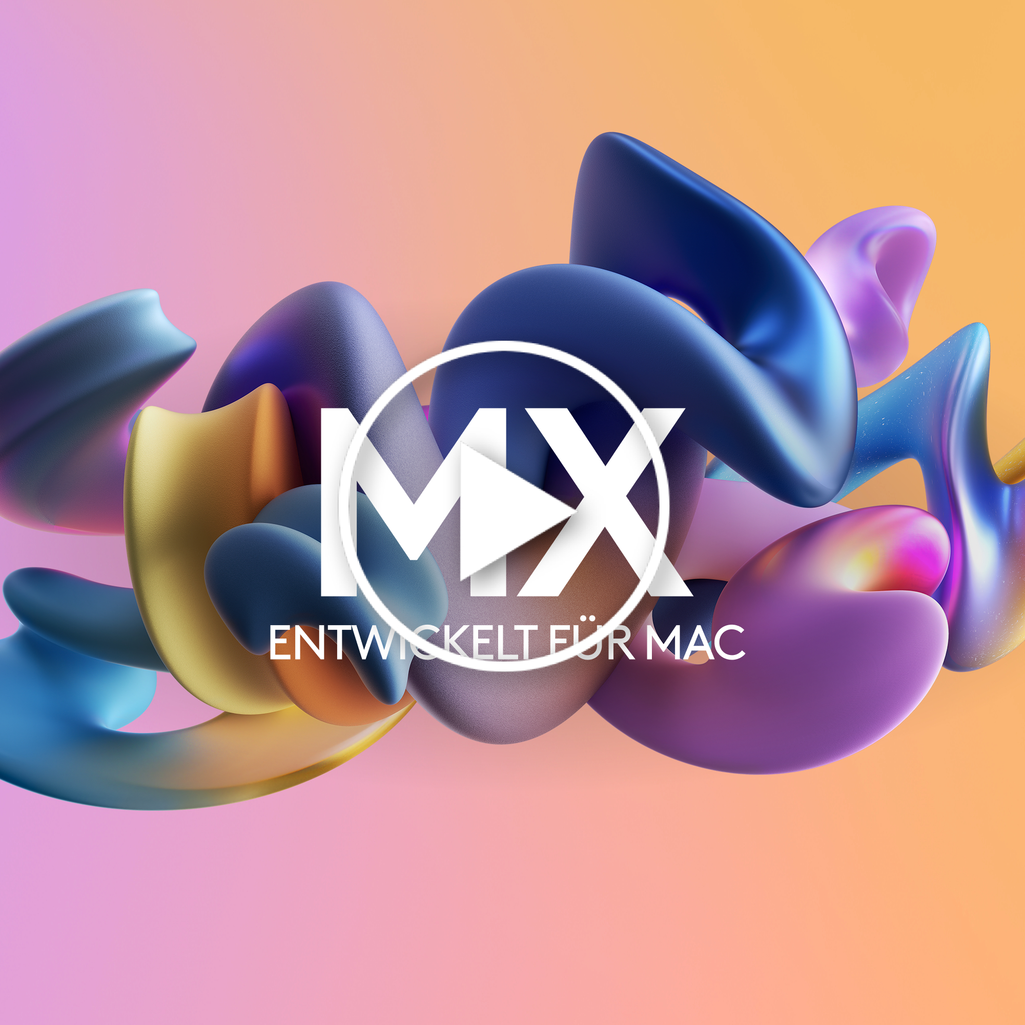 Abstraktes Design mit fließenden Formen und einem Play-Button-Logo.