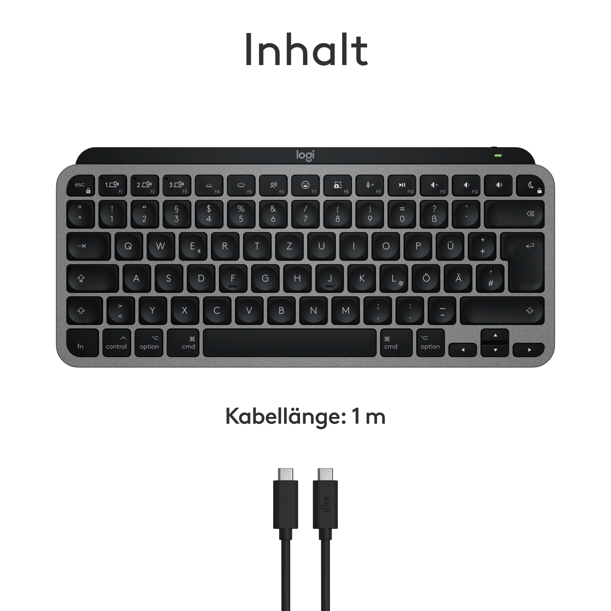 Eine graue Tastatur mit schwarzen Tasten, das Wort 'Inhalt' oben und ein Kabel.