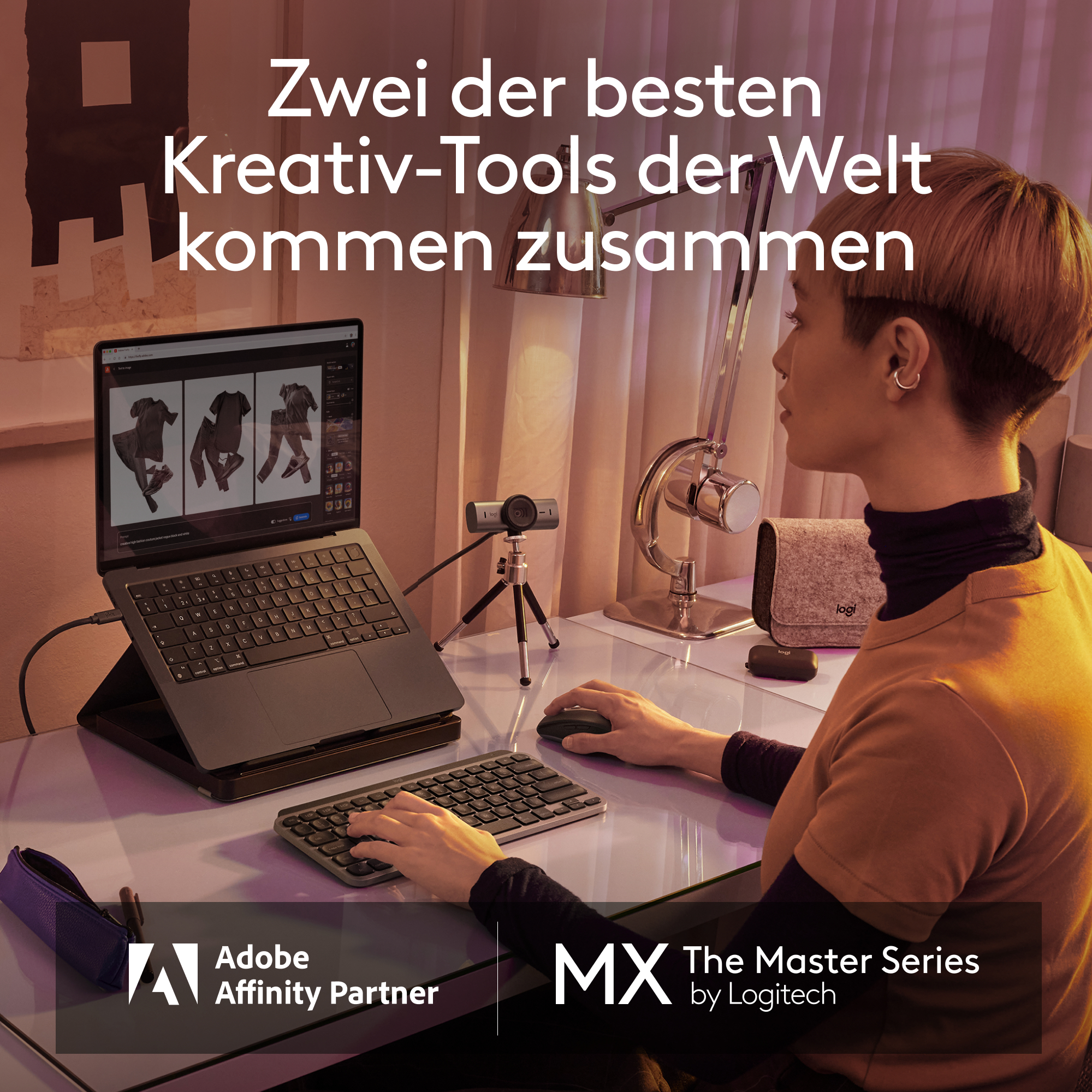 Person arbeitet an einem Laptop mit Tastatur und Webcam. Adobe- und Logitech-Logos unten.