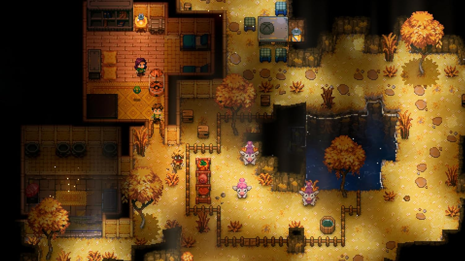 Vista desde arriba de una escena de juego pixelada.