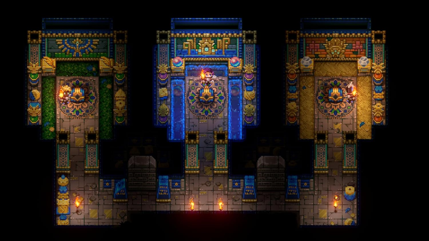 Vista aérea pixelada de un templo antiguo con tres secciones, cada una con decoraciones de diferentes colores.
