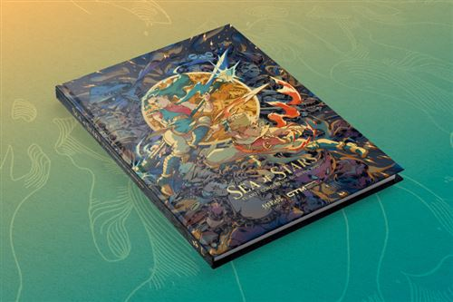 Un libro de tapa dura titulado 'Sea of Stars' con ilustraciones coloridas de personajes y un fondo estrellado.