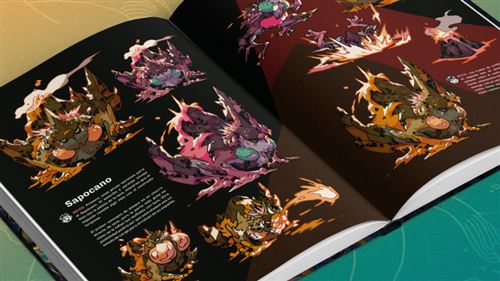 Libro abierto con ilustraciones coloridas de criaturas fantásticas, con texto y dibujos detallados.