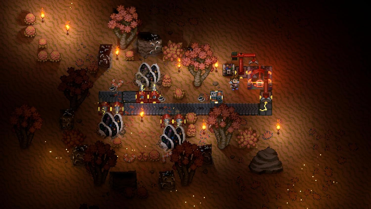 Una escena pixelada de videojuego con un personaje y varias estructuras y plantas.