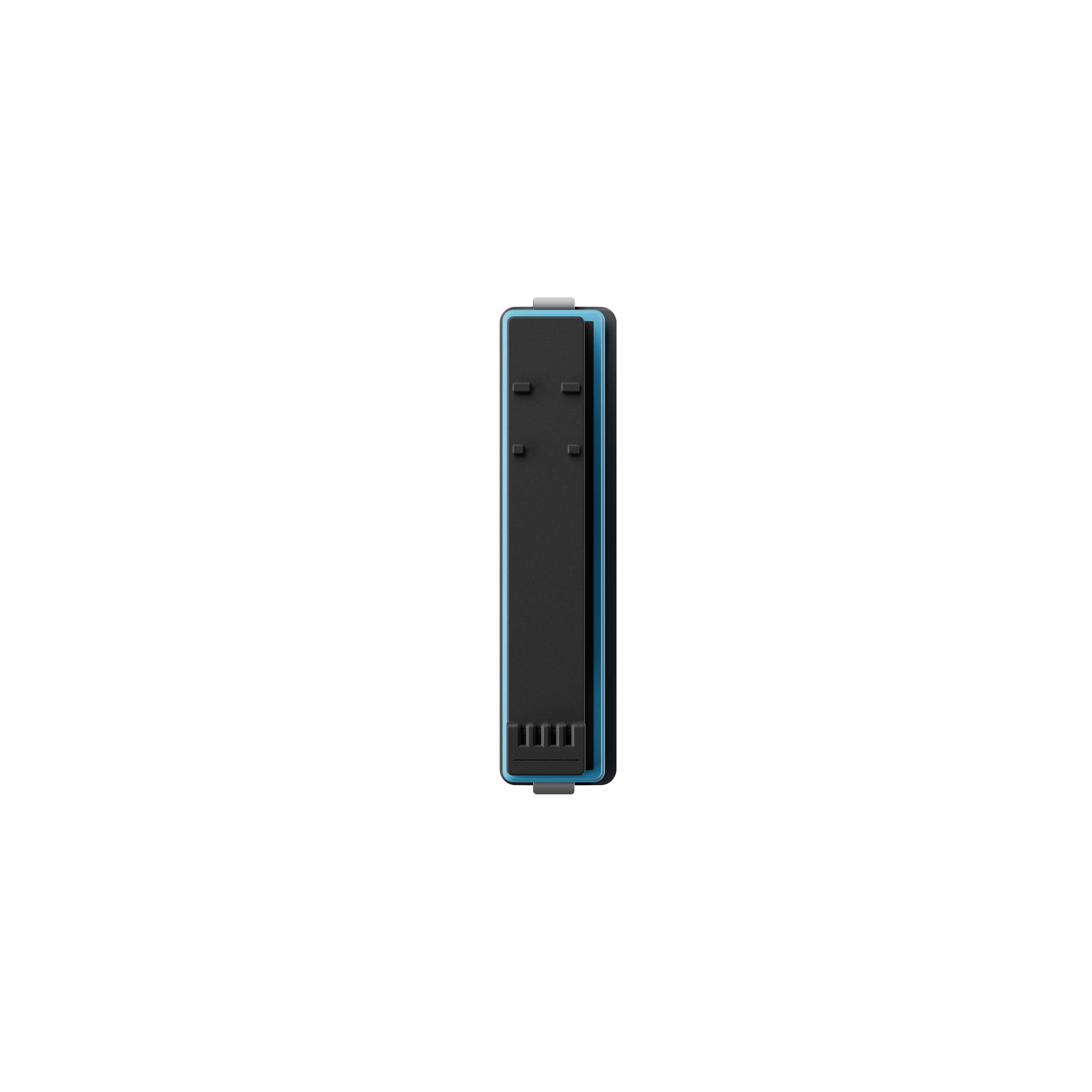 Schwarz-blaues rechteckiges Gerät auf weißem Hintergrund, mit glänzendem, glattem Finish.