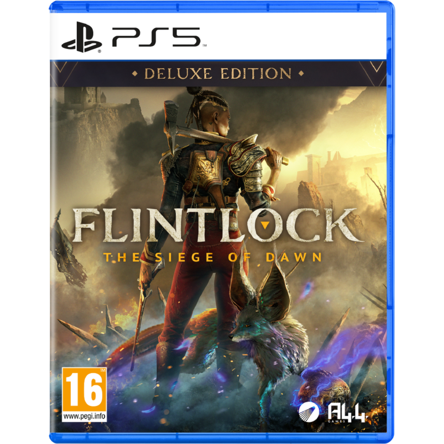 Gamecover voor Flintlock: The Siege of Dawn, een PS5 Deluxe Edition, met een krijger en een wezen.
