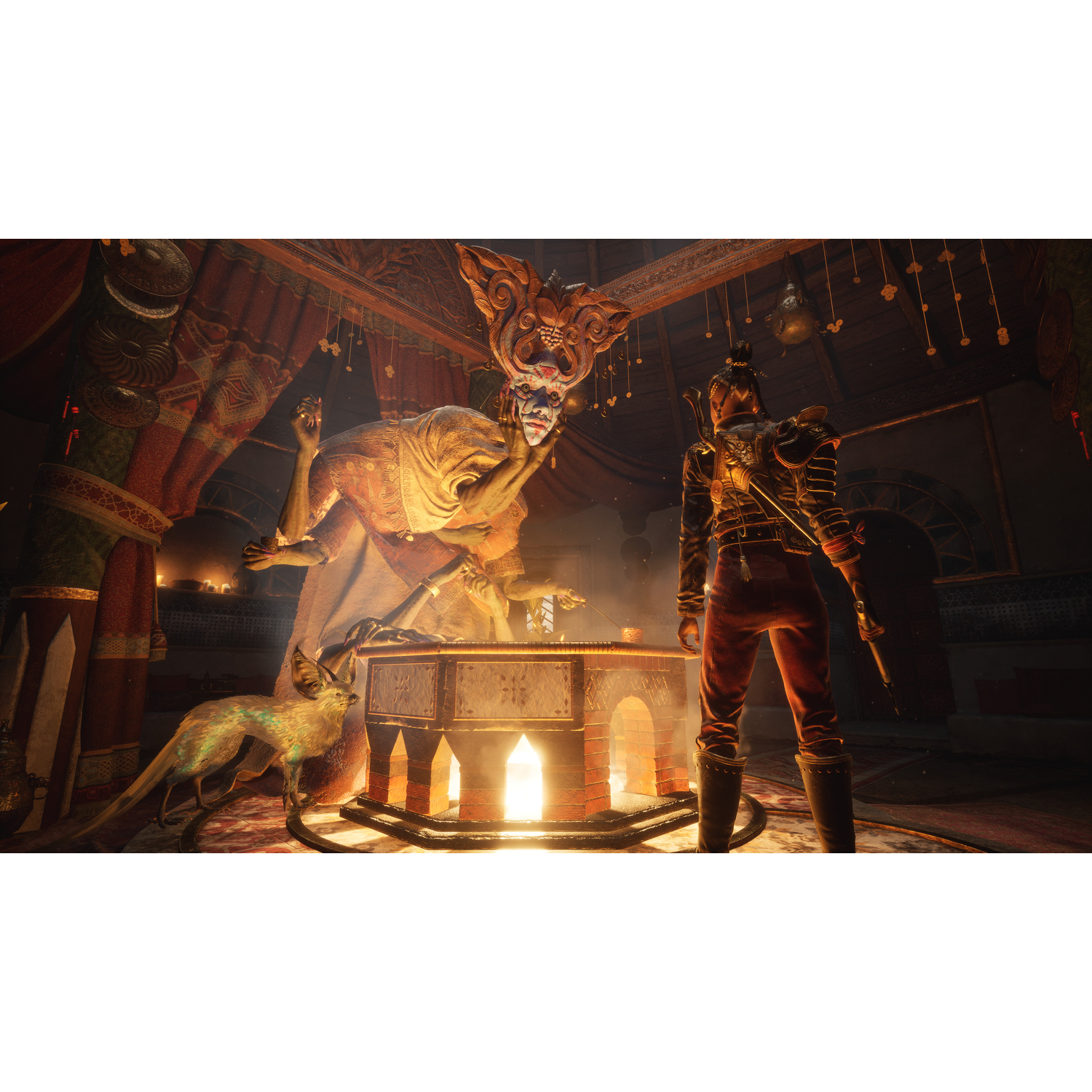 Een game-scène met een wezen, een krijger en een groot figuur. De scène lijkt zich in een tent af te spelen.